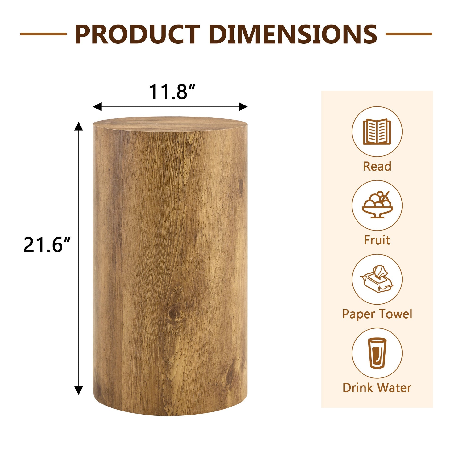 Simple wood grain cylindrical coffee table, 11.8-inch diameter x 21.6 inch height, MDF material living room furniture. Suitable for industrial style living rooms.