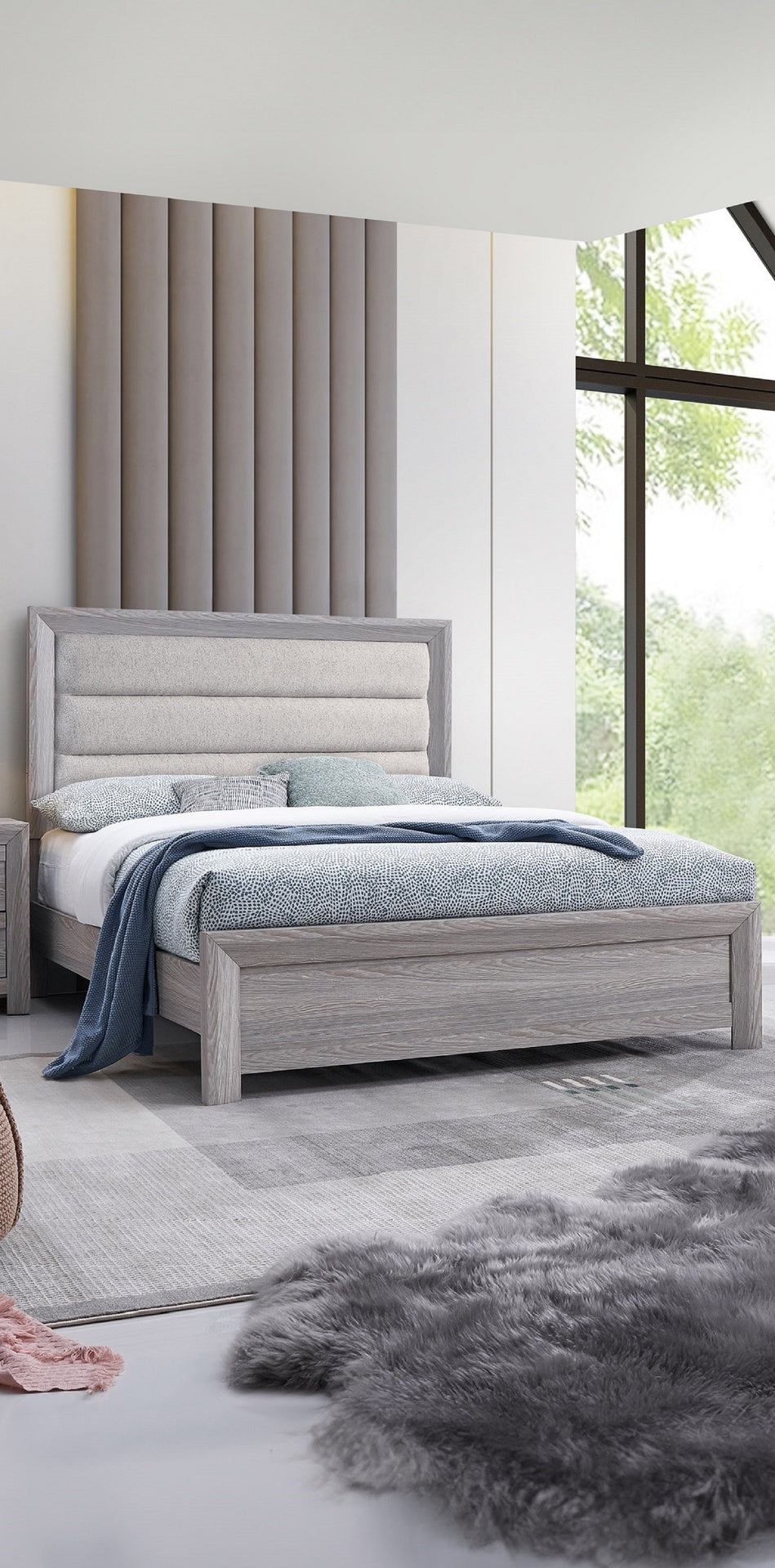 1pc Full Panel Bed Plush Channel Tufted Headboard Neutral Gray Driftwood Finish Contemporary Design