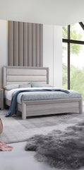 1pc Full Panel Bed Plush Channel Tufted Headboard Neutral Gray Driftwood Finish Contemporary Design
