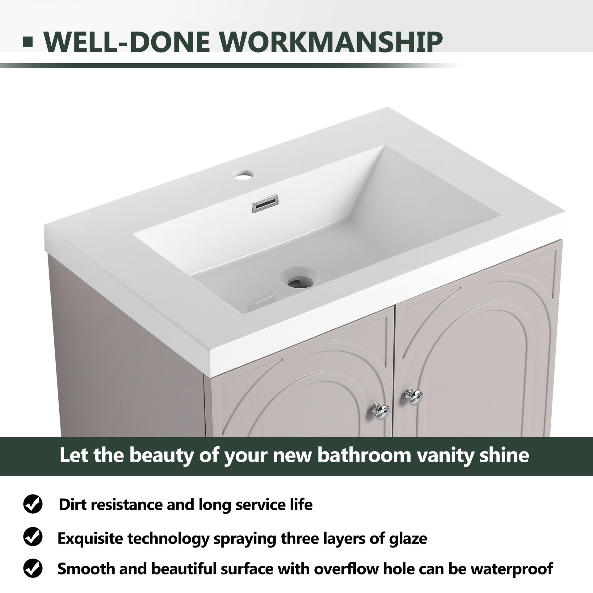 30" Freestanding Bathroom Vanity with White Resin Sink  & 2 Soft-Close Cabinet Doors (KD-Packing)