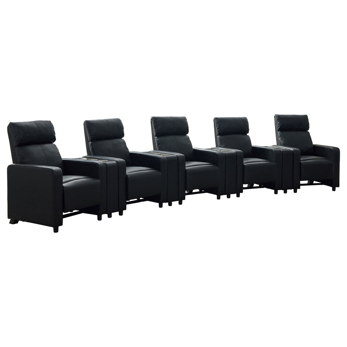 Warren Black Upholstered 5-seater Home Theater with 4 Wedge Consoles