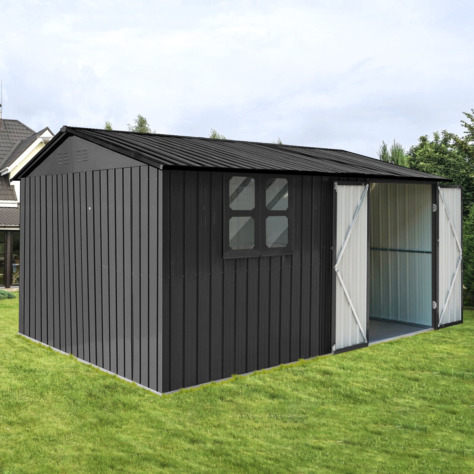 Metal garden sheds 12ftx10ft outdoor storage sheds black with window with Goods Shelves