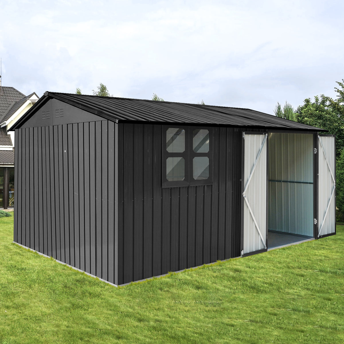 Metal garden sheds 12ftx10ft outdoor storage sheds black with window with Goods Shelves