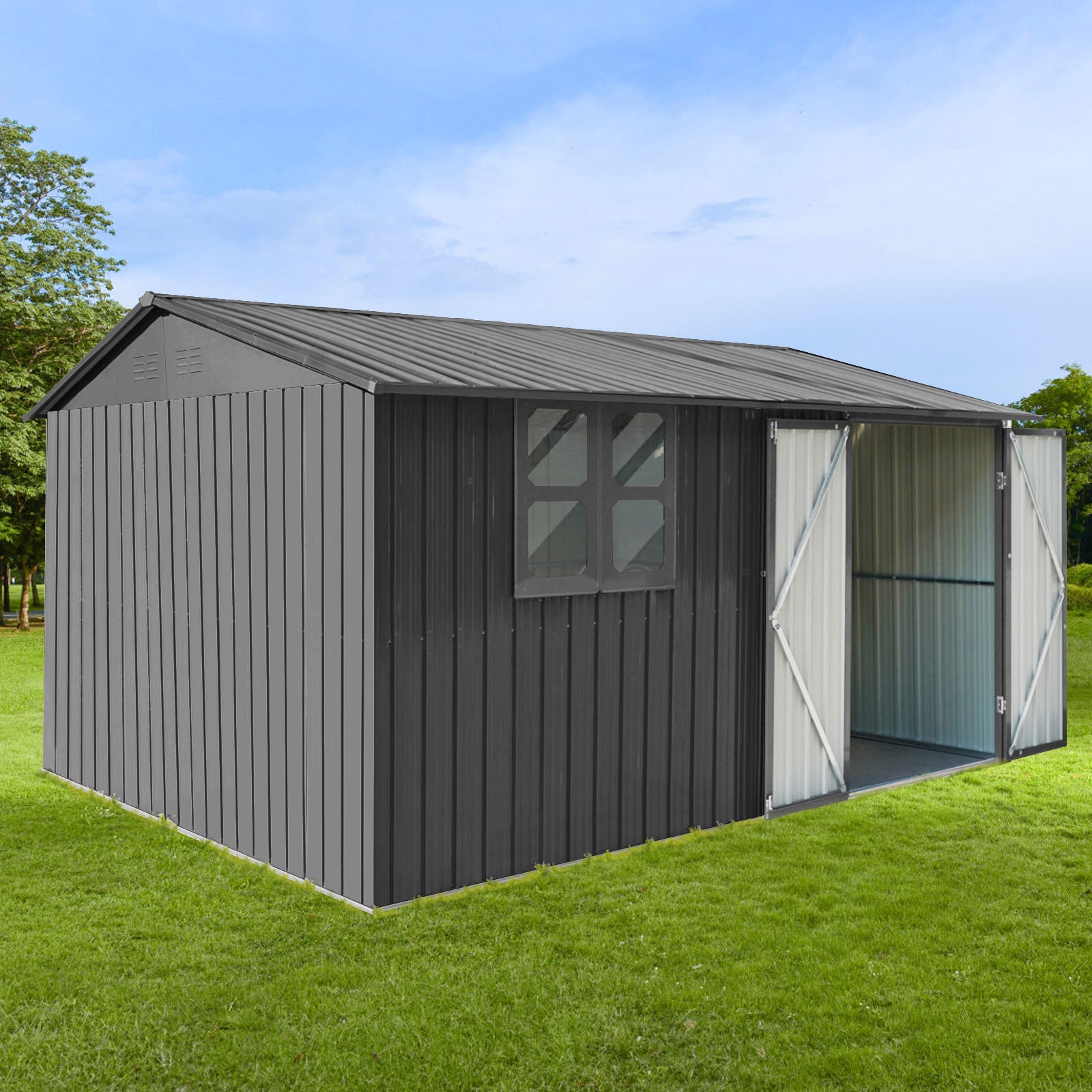 Metal garden sheds 12ftx10ft outdoor storage sheds grey with window with Goods Shelves