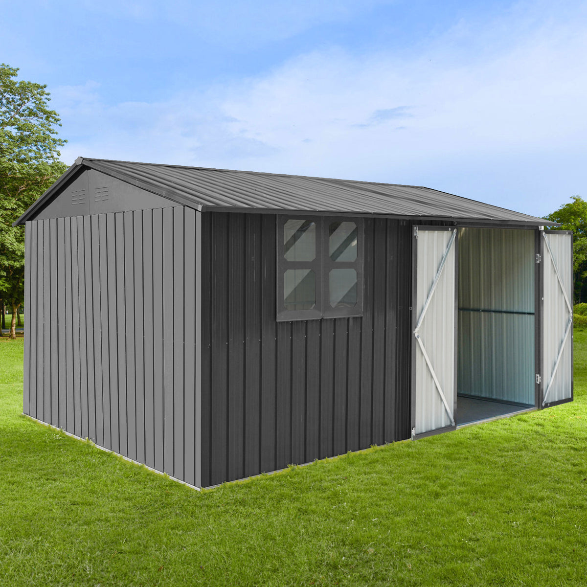 Metal garden sheds 12ftx10ft outdoor storage sheds grey with window with Goods Shelves
