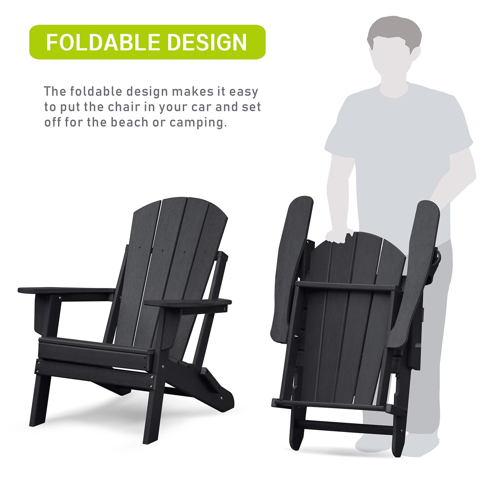 Folding Outdoor Adirondack Chair Set of 2 and Table Set,HDPE All-weather Folding Fire Pit Chair,  Ergonomic Design Patio Lawn Chair for Outside Deck Garden Backyardf Balcony, Black