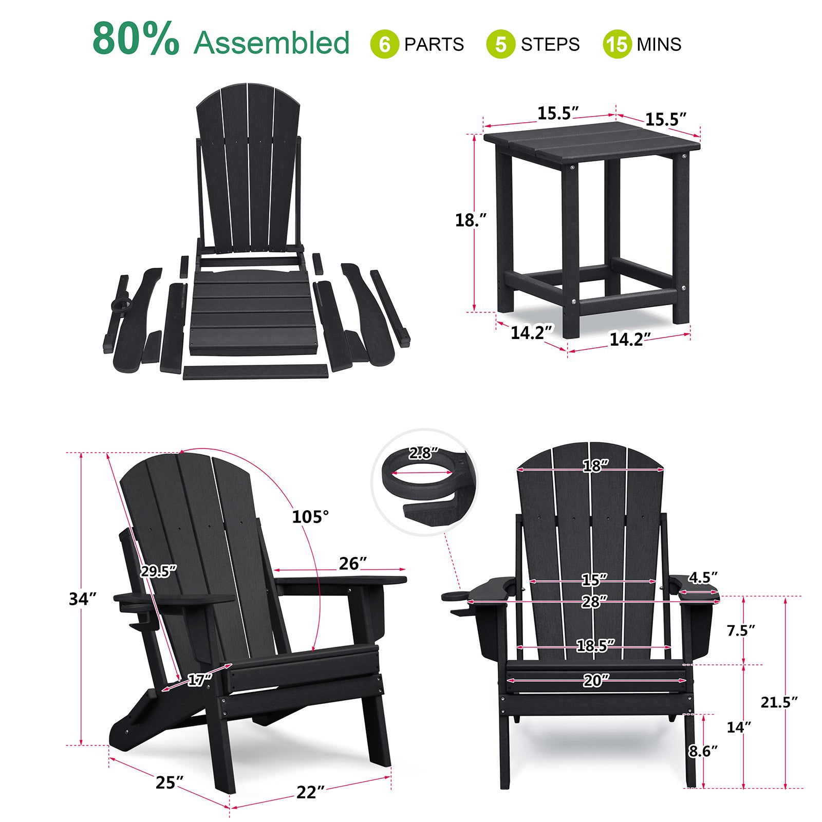 Folding Outdoor Adirondack Chair Set of 2 and Table Set,HDPE All-weather Folding Fire Pit Chair,  Ergonomic Design Patio Lawn Chair for Outside Deck Garden Backyardf Balcony, Black