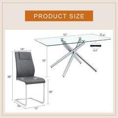 Table and chair set.Modern Luxurious Transparent Tempered Glass Dining Table Set with 4 Chairs.Single Fork Silver Metal Table Legs.Dark Gray high-quality PU dining chairs with silver metal legs.