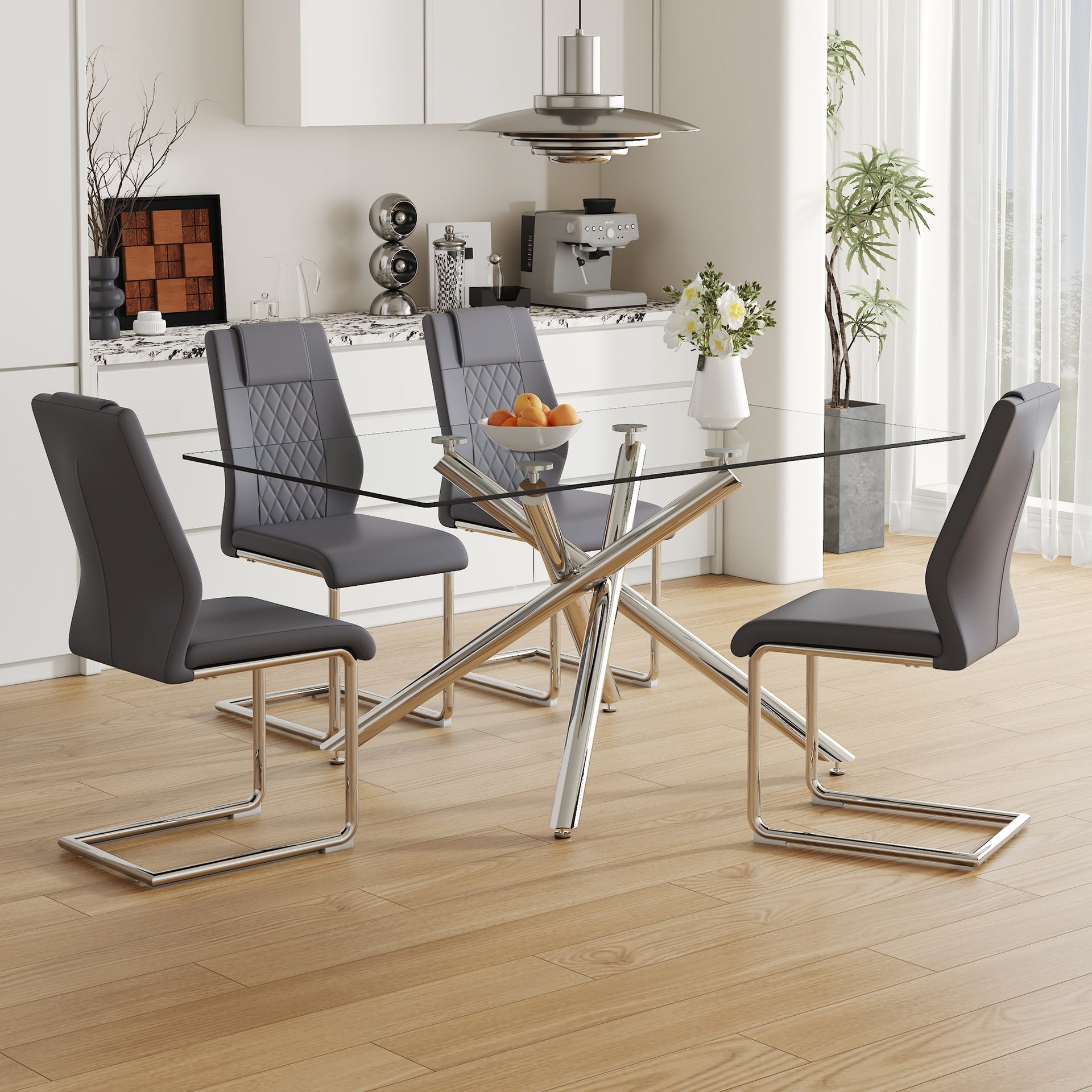 Table and chair set.Modern Luxurious Transparent Tempered Glass Dining Table Set with 4 Chairs.Single Fork Silver Metal Table Legs.Dark Gray high-quality PU dining chairs with silver metal legs.