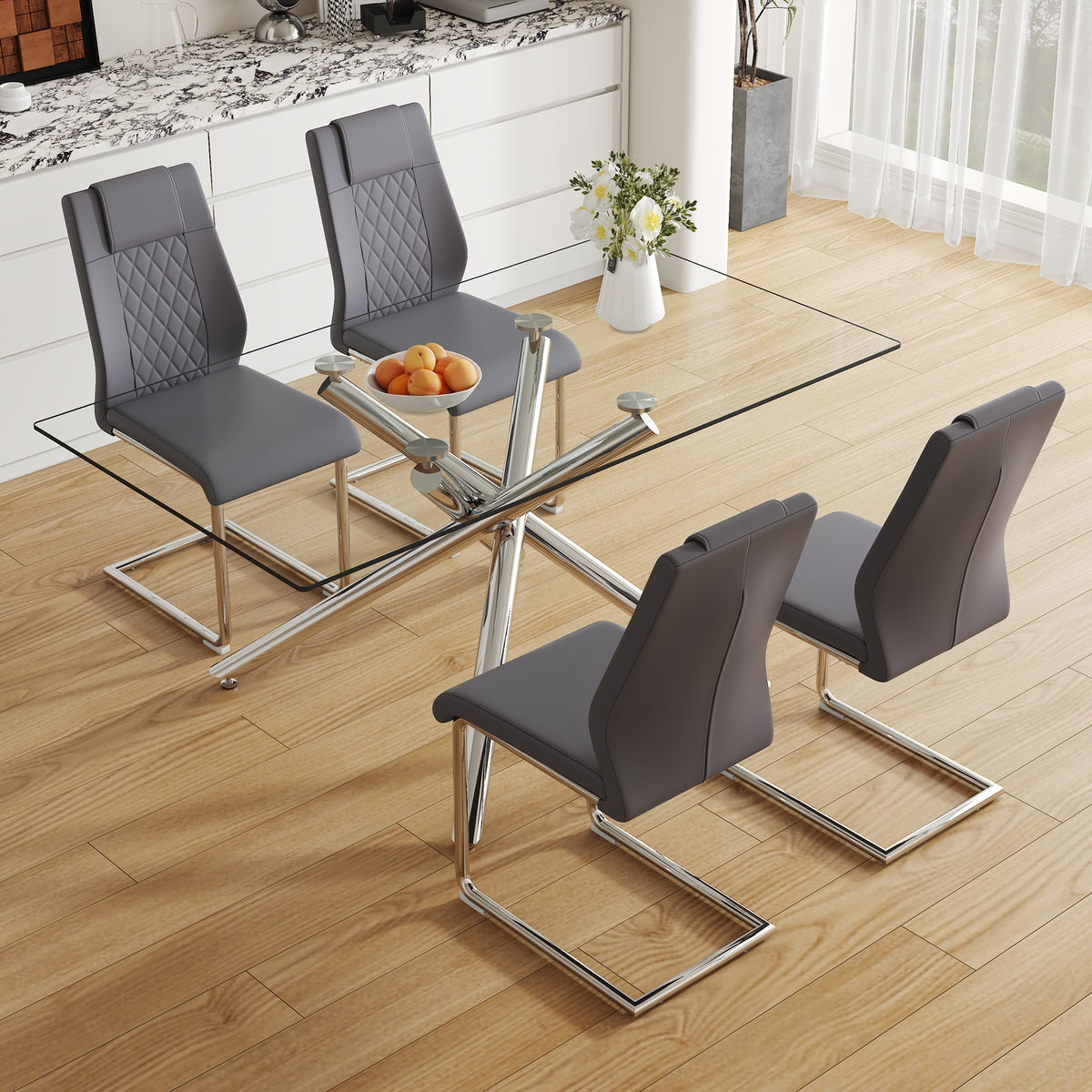 Table and chair set.Modern Luxurious Transparent Tempered Glass Dining Table Set with 4 Chairs.Single Fork Silver Metal Table Legs.Dark Gray high-quality PU dining chairs with silver metal legs.