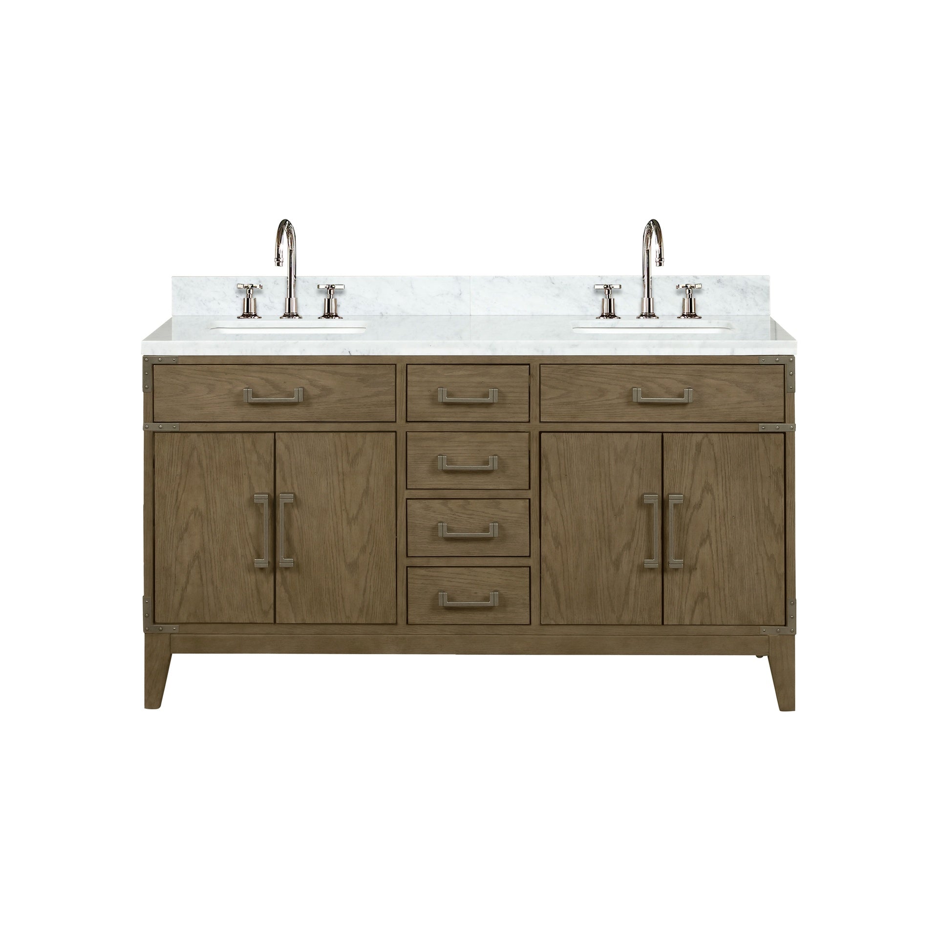 Grey Oak Double Bath Vanity 60 in. W x 22 in. D, Carrara Marble Top, and Faucet Set