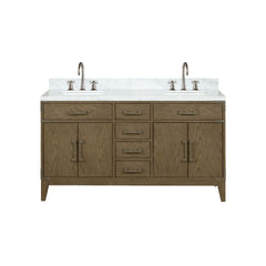 Grey Oak Double Bath Vanity 60 in. W x 22 in. D, Carrara Marble Top, and Faucet Set