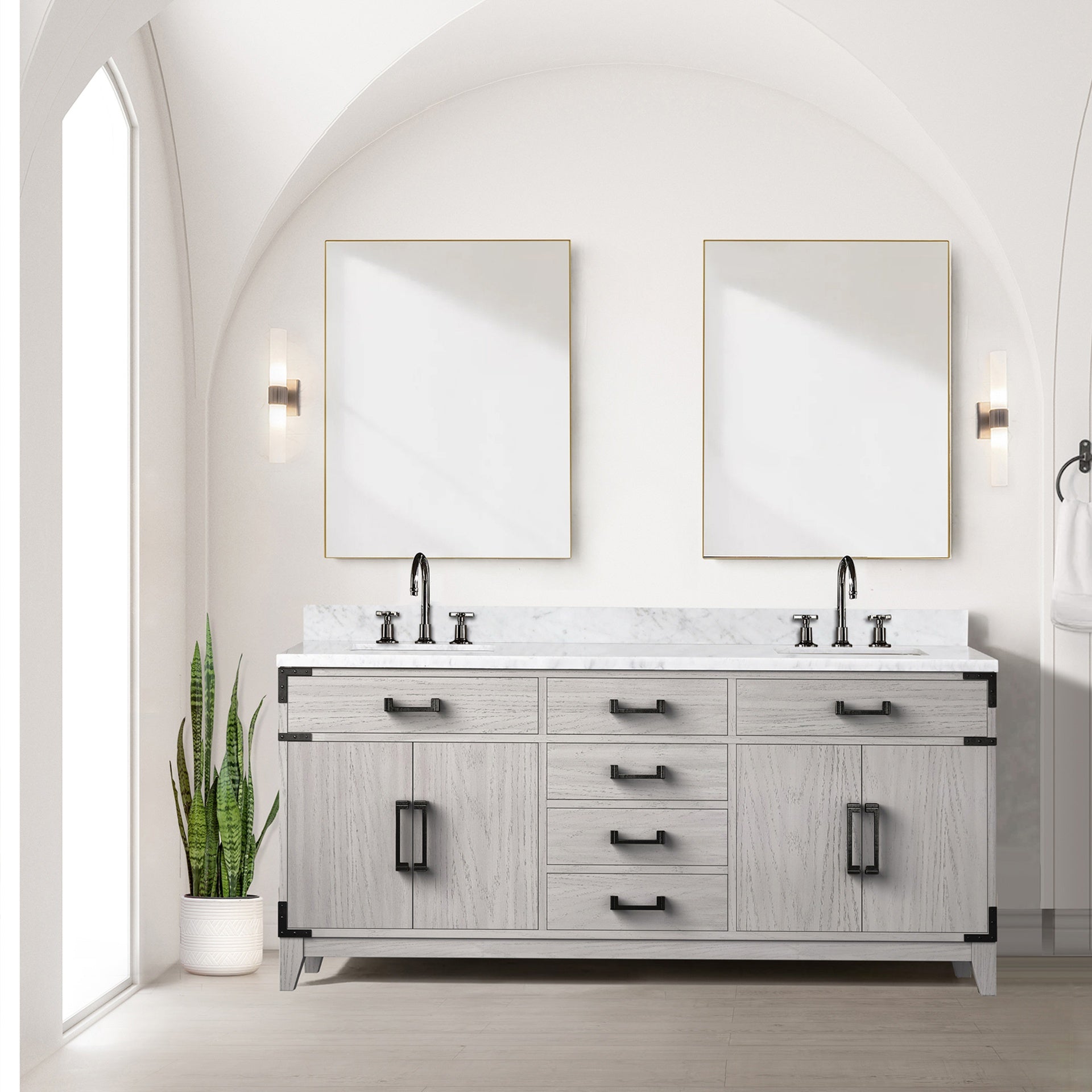 White Oak Double Bath Vanity 72 in. W x 22 in. D, with Carrara Marble Top