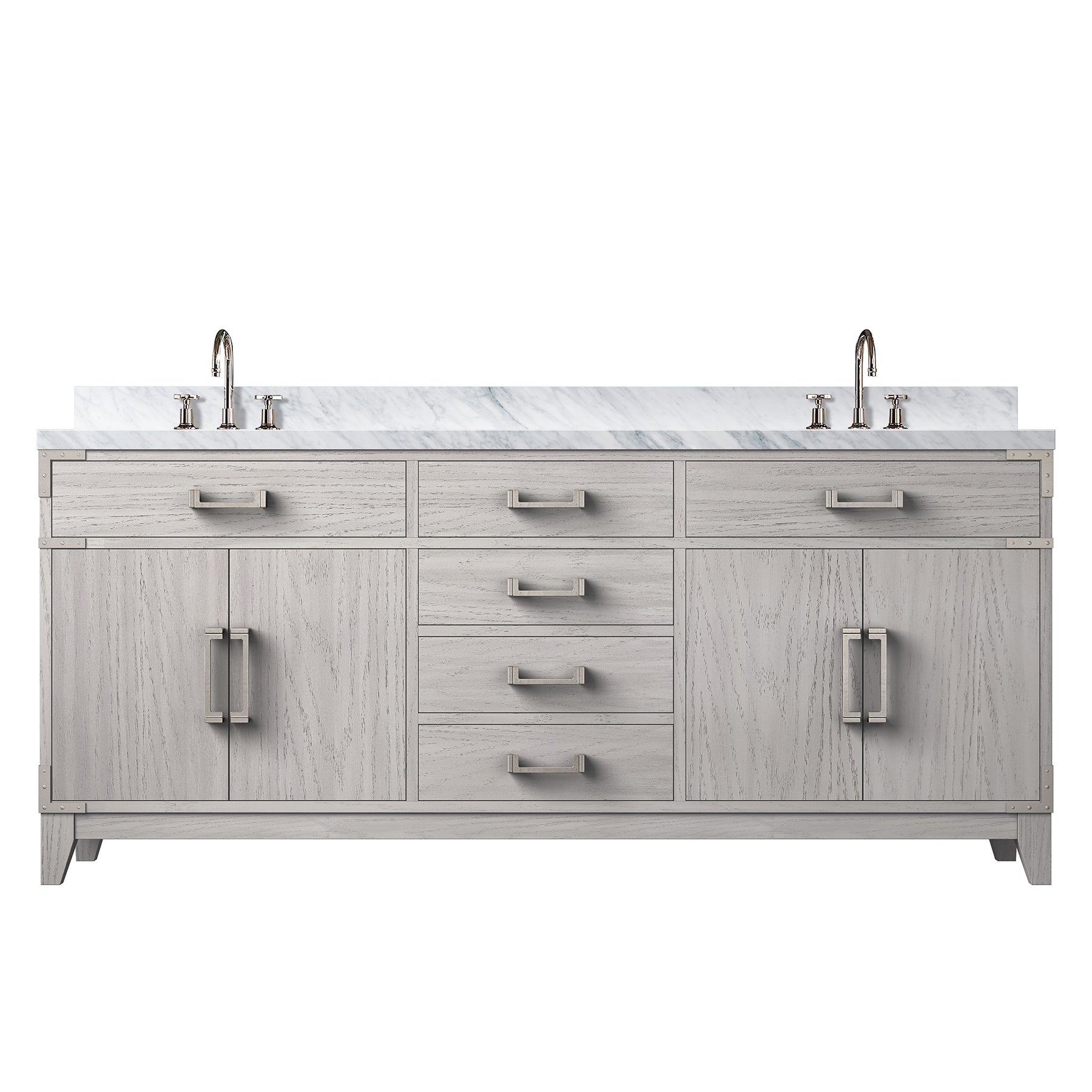 White Oak Double Bath Vanity 72 in. W x 22 in. D, Carrara Marble Top, and Faucet Set