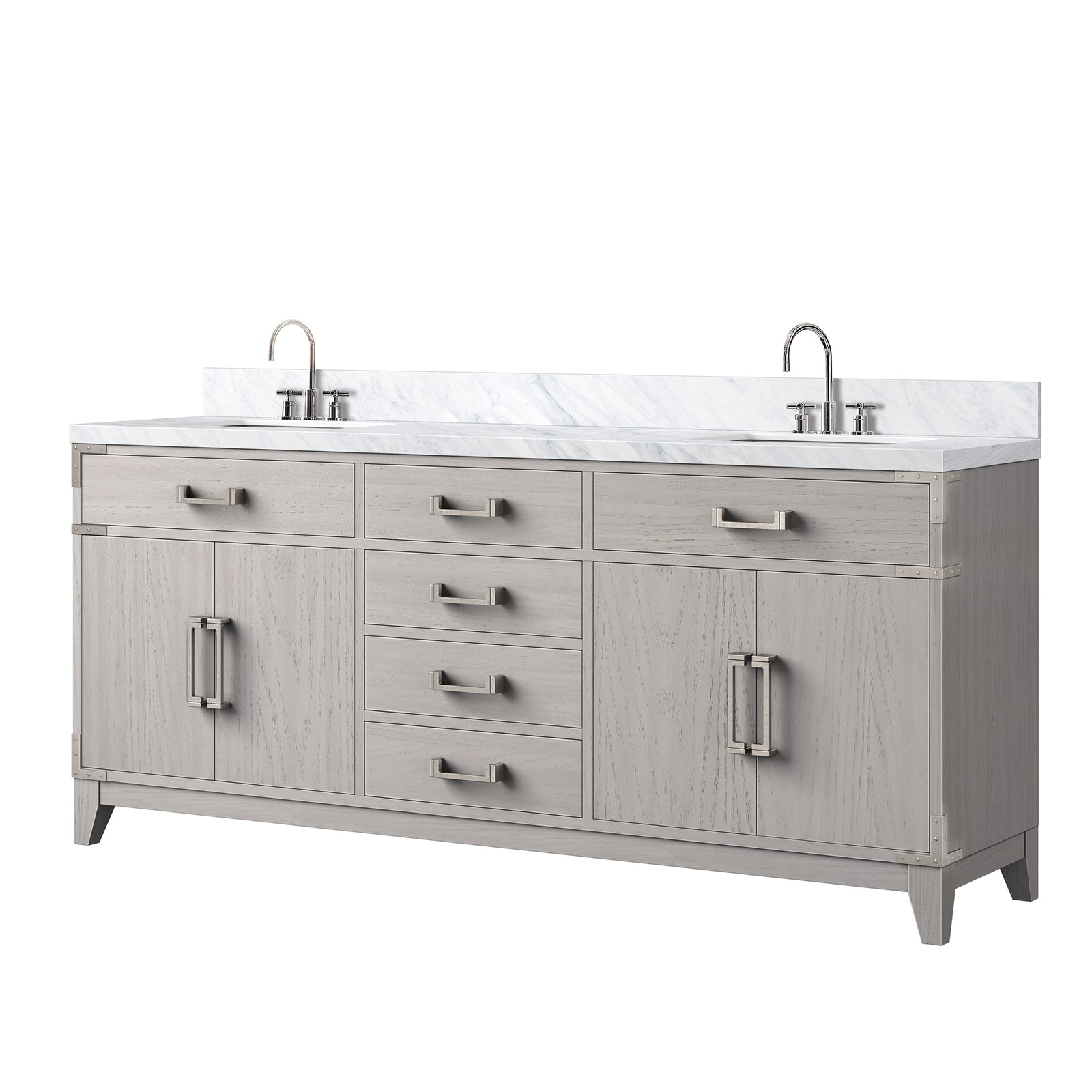 White Oak Double Bath Vanity 72 in. W x 22 in. D, Carrara Marble Top, and Faucet Set