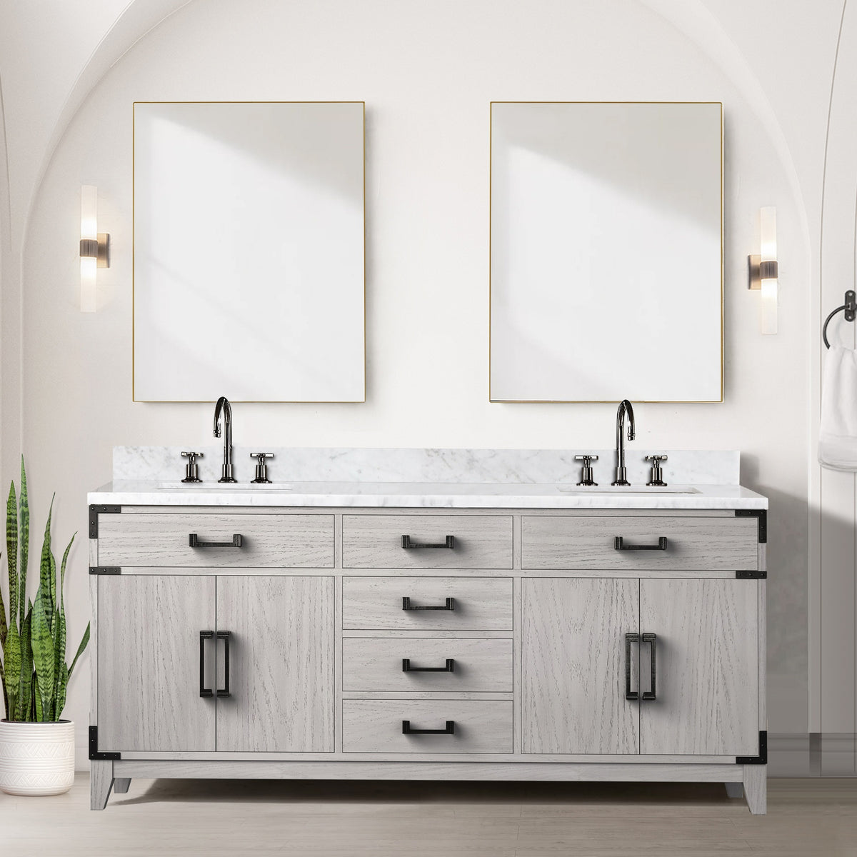 White Oak Double Bath Vanity 72 in. W x 22 in. D, Carrara Marble Top, and Faucet Set