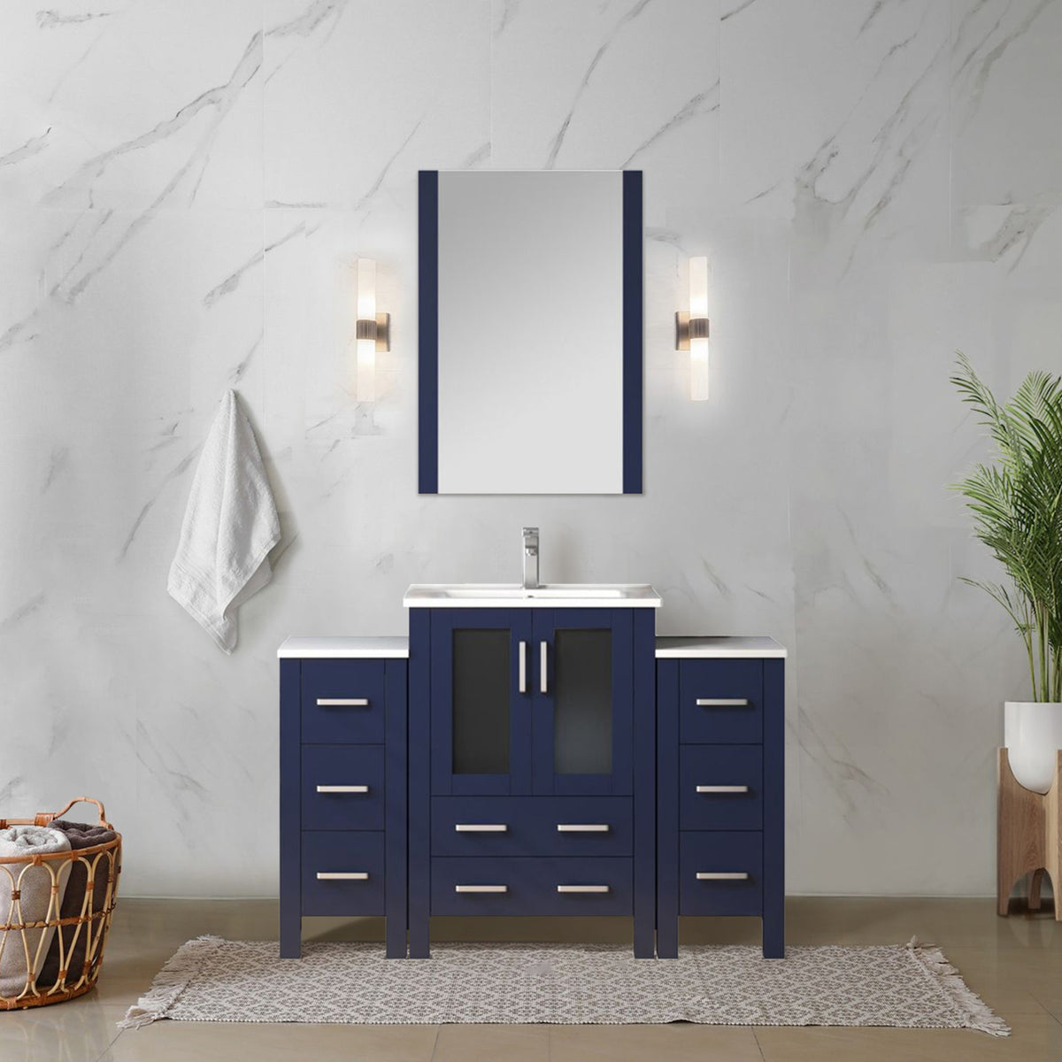 Navy Blue Single Bath Vanity 48 in. W x 18.25 in. D, with Side Cabinet, and White Ceramic Top