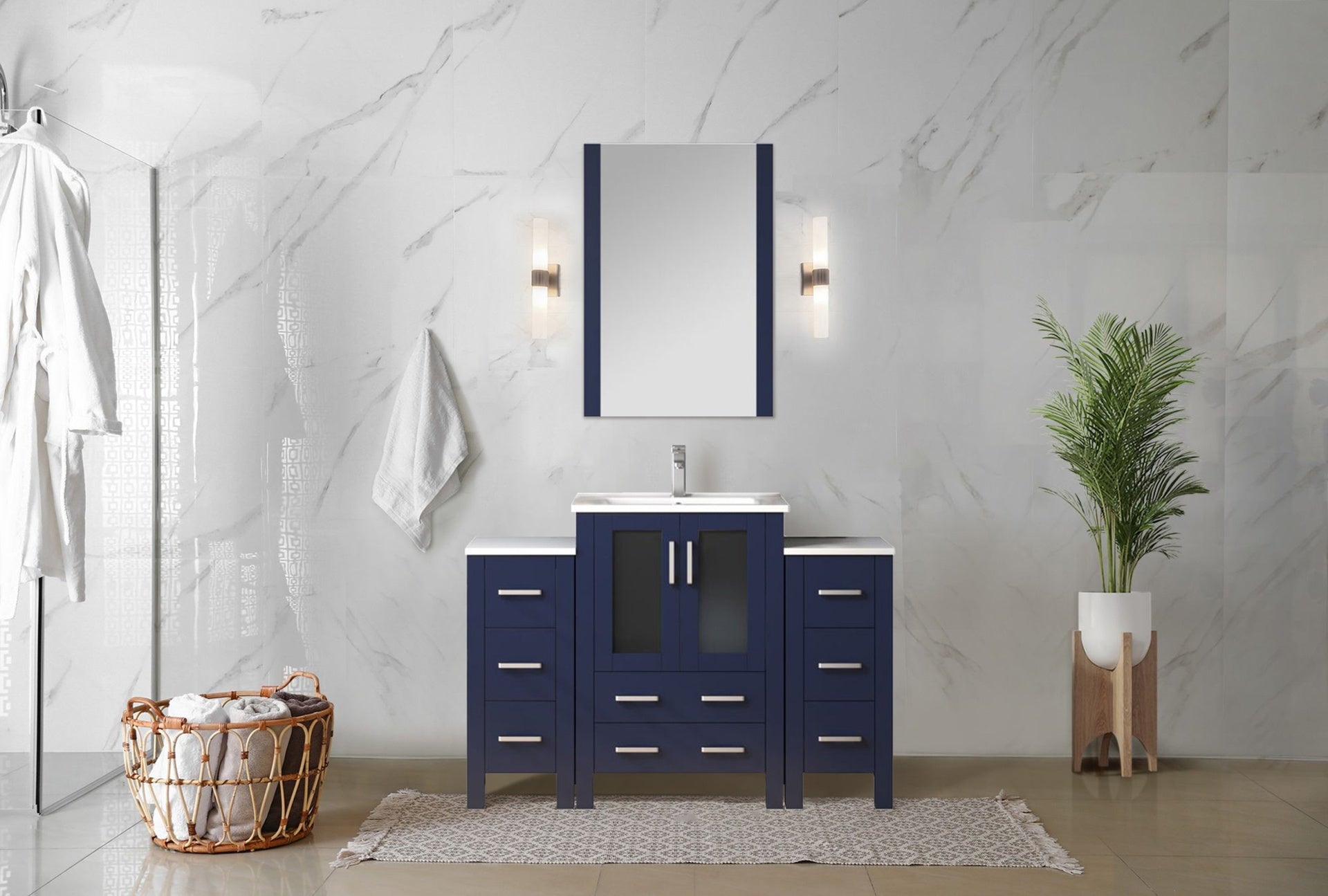 Navy Blue Single Bath Vanity 48 in. W x 18.25 in. D, with Side Cabinet, and White Ceramic Top
