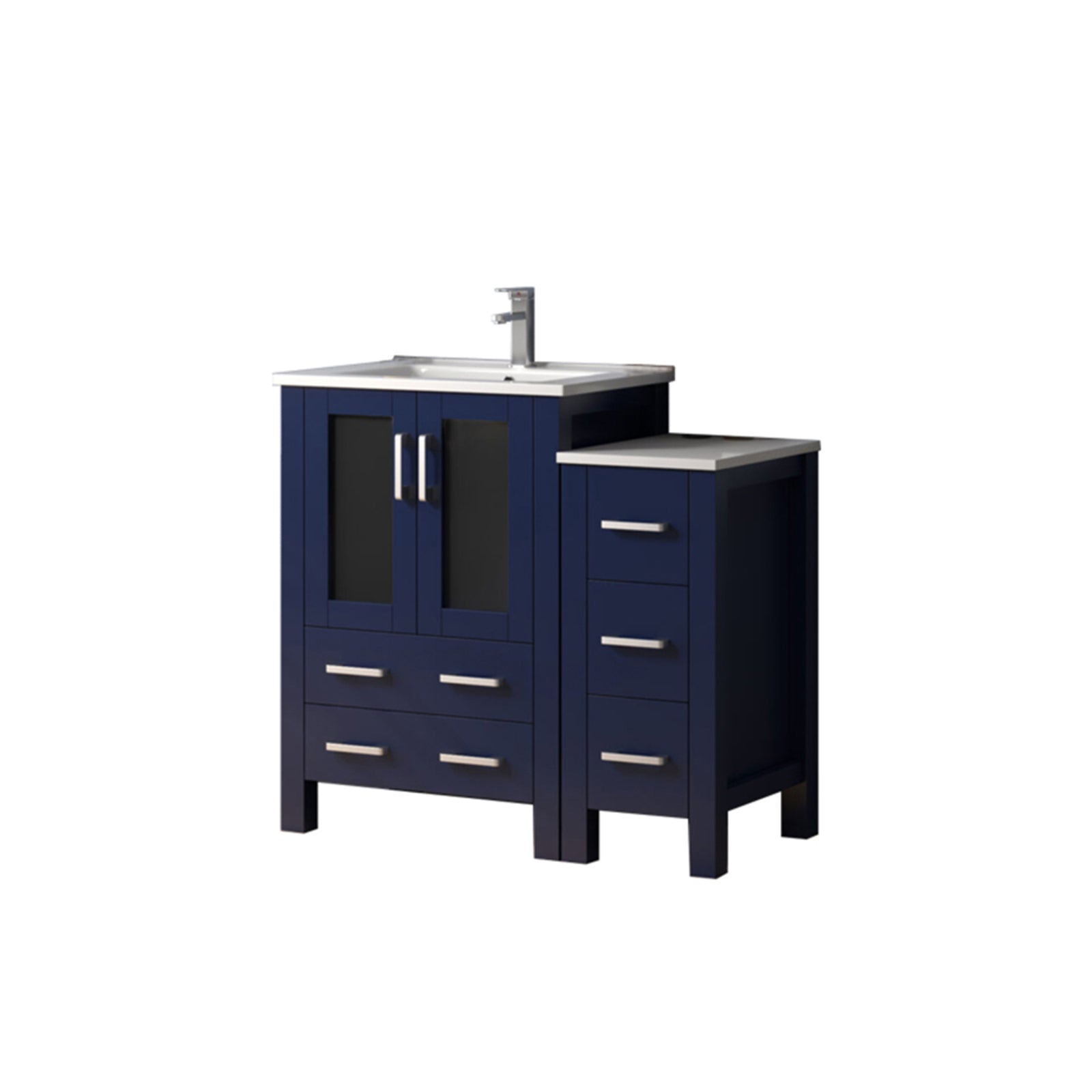Navy Blue Single Bath Vanity 36 in. W x 18.25 in. D, with Side Cabinet, White Ceramic Top, and Faucet Set
