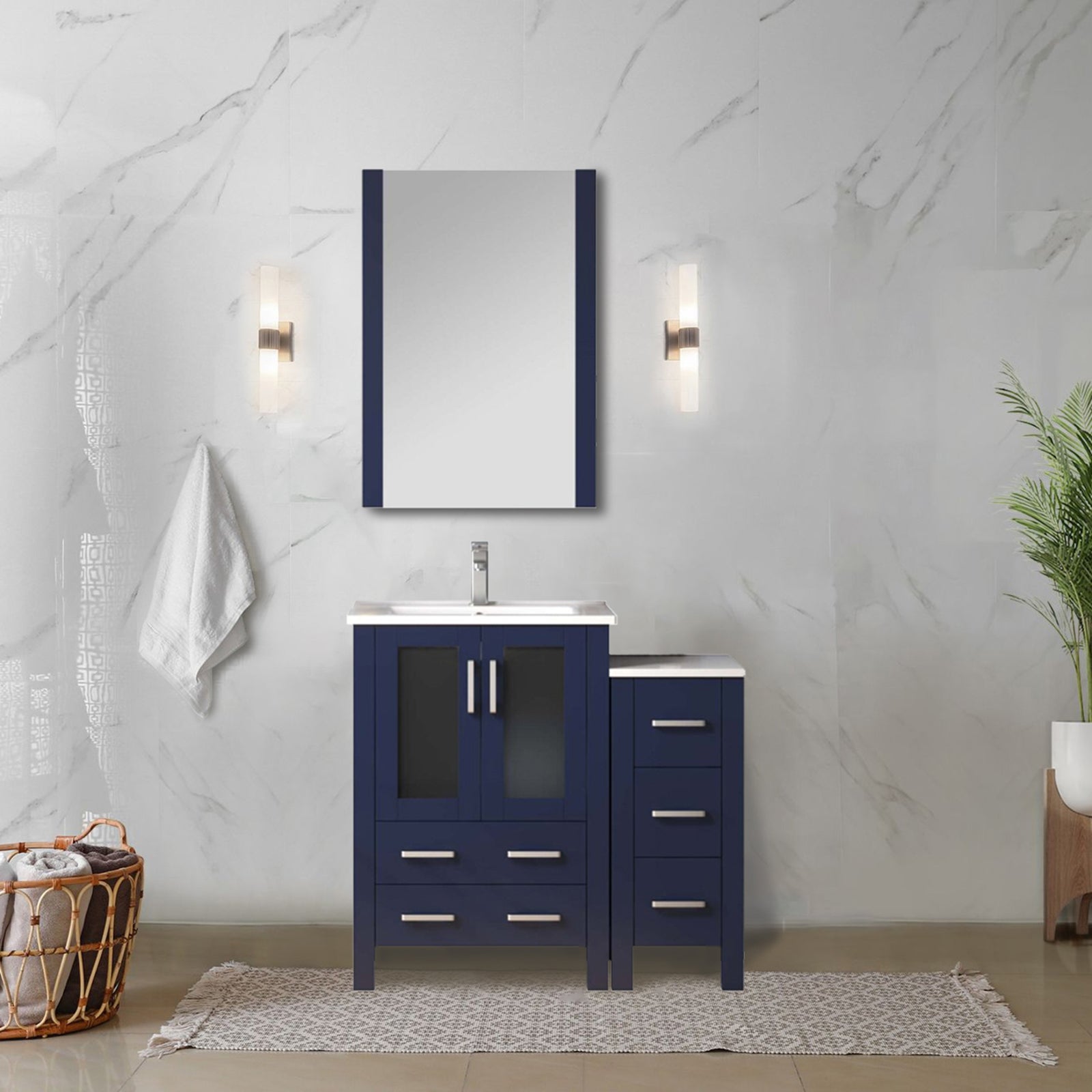 Navy Blue Single Bath Vanity 36 in. W x 18.25 in. D, with Side Cabinet, White Ceramic Top, and Faucet Set