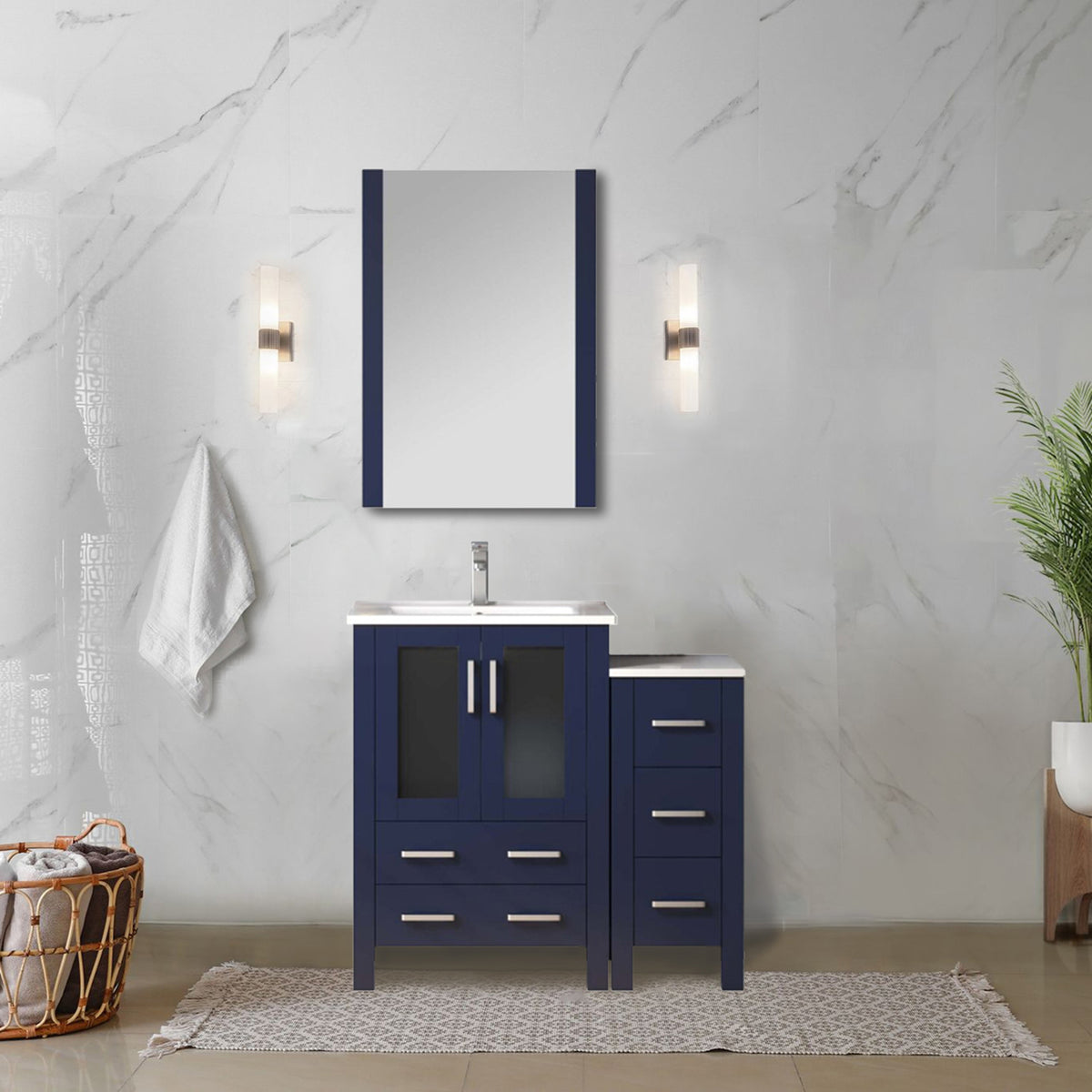 Navy Blue Single Bath Vanity 36 in. W x 18.25 in. D, with Side Cabinet, White Ceramic Top, and Faucet Set