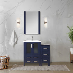Navy Blue Single Bath Vanity 36 in. W x 18.25 in. D, with Side Cabinet, White Ceramic Top, and Faucet Set