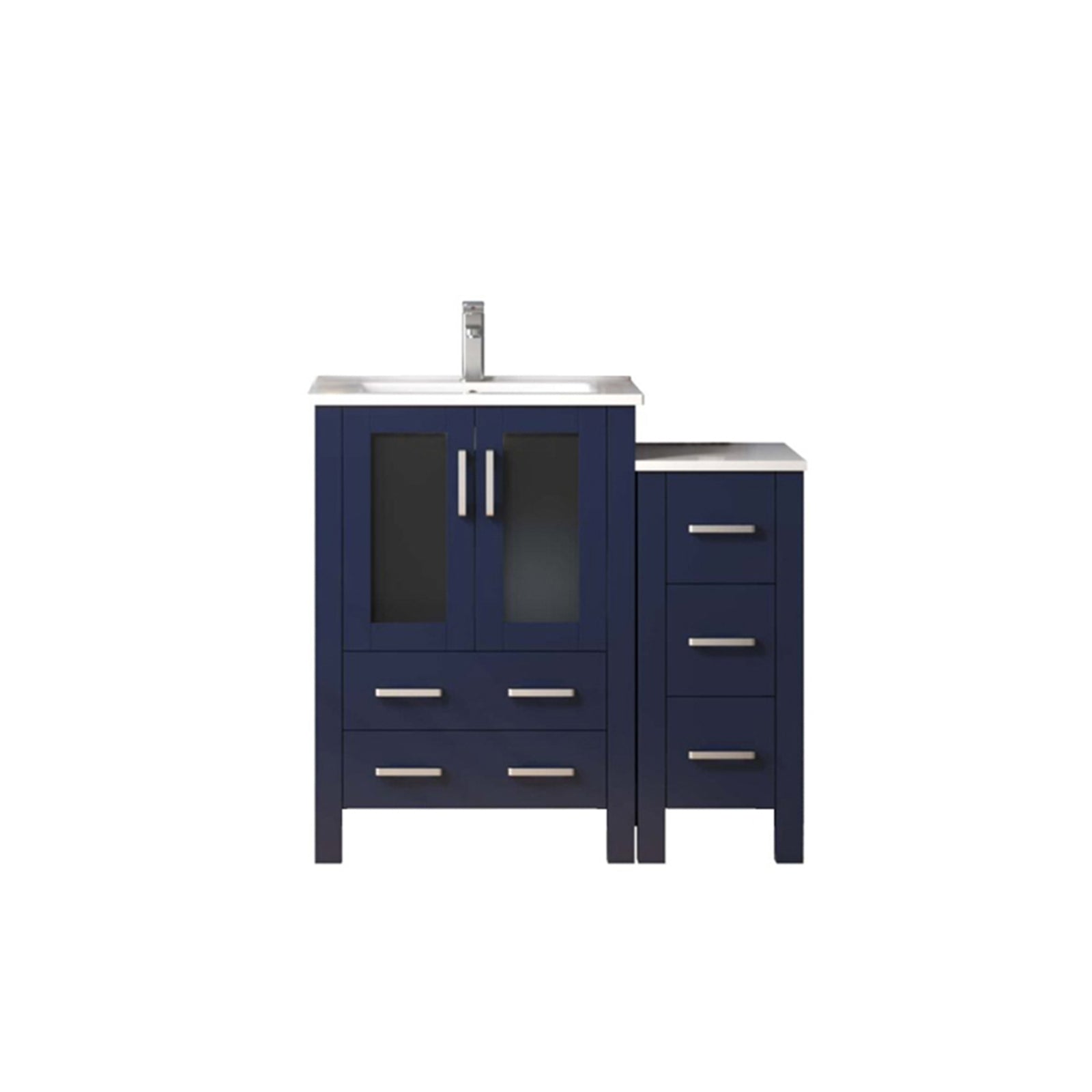 Navy Blue Single Bath Vanity 36 in. W x 18.25 in. D, with Side Cabinet, White Ceramic Top, and Faucet Set