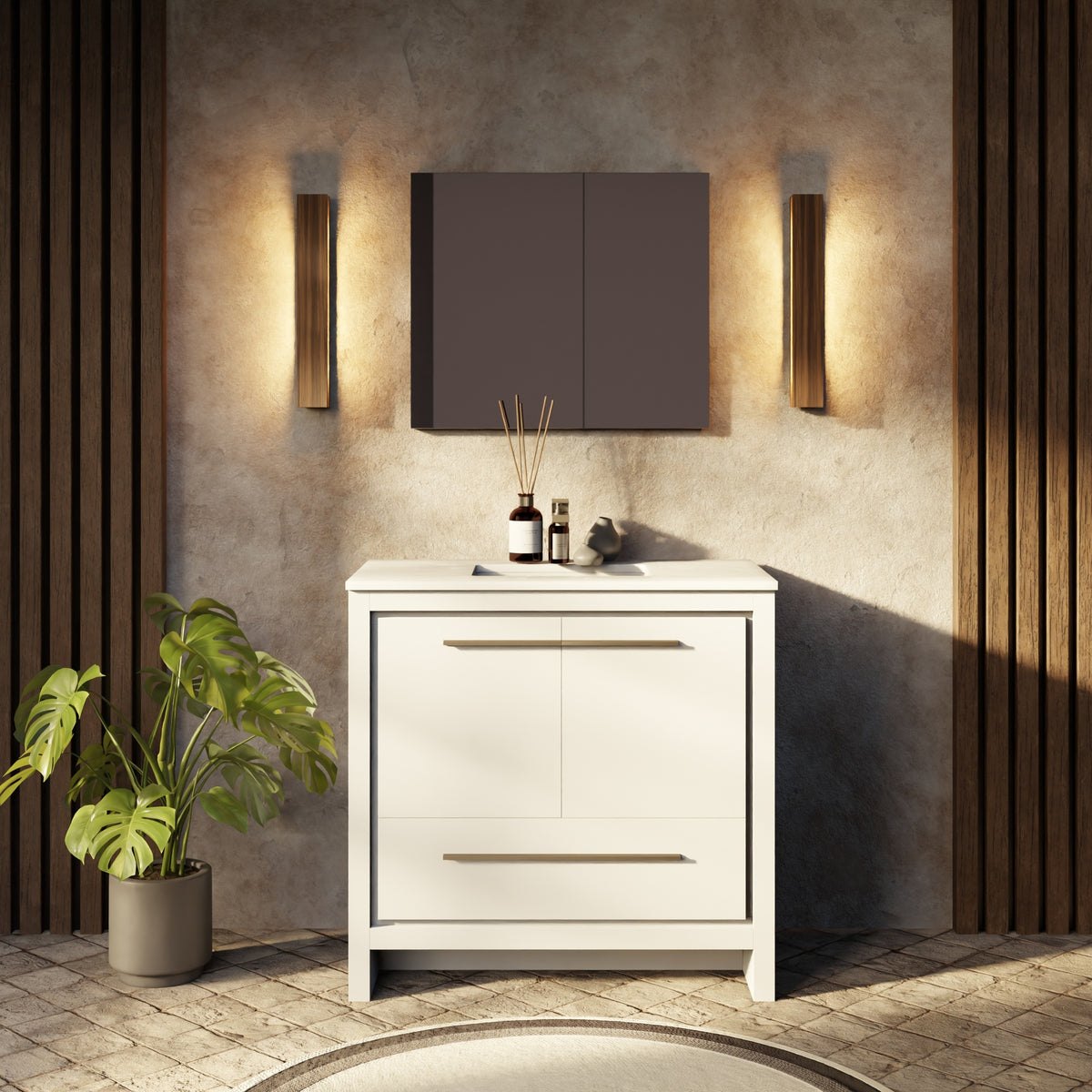 White Bath Vanity 36 in. W x 20 in. D, White Quartz Top and 28 in. Mirror