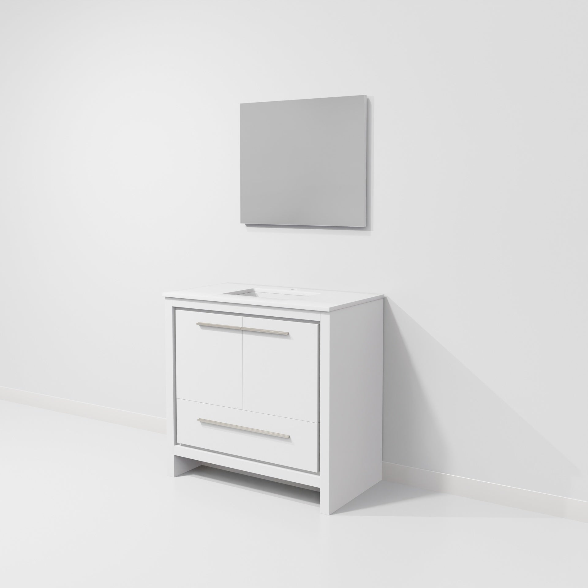 White Bath Vanity 36 in. W x 20 in. D, White Quartz Top and 28 in. Mirror