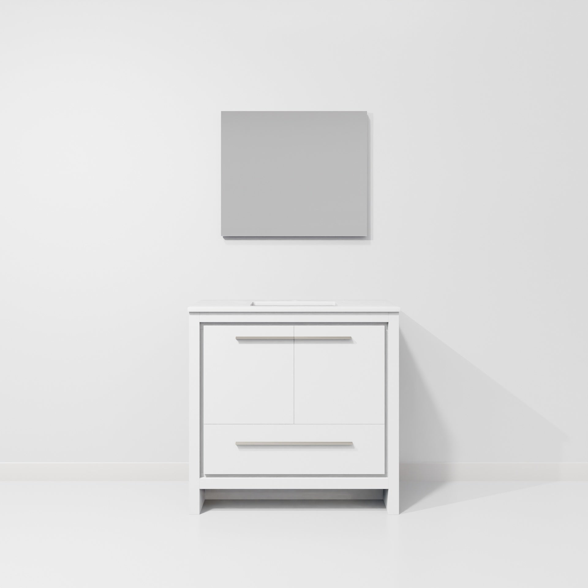 White Bath Vanity 36 in. W x 20 in. D, White Quartz Top and 28 in. Mirror