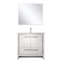 White Bath Vanity 36 in. W x 20 in. D, Cultured Marble Top, Brushed Nickel Faucet Set and 28 in. Mirror