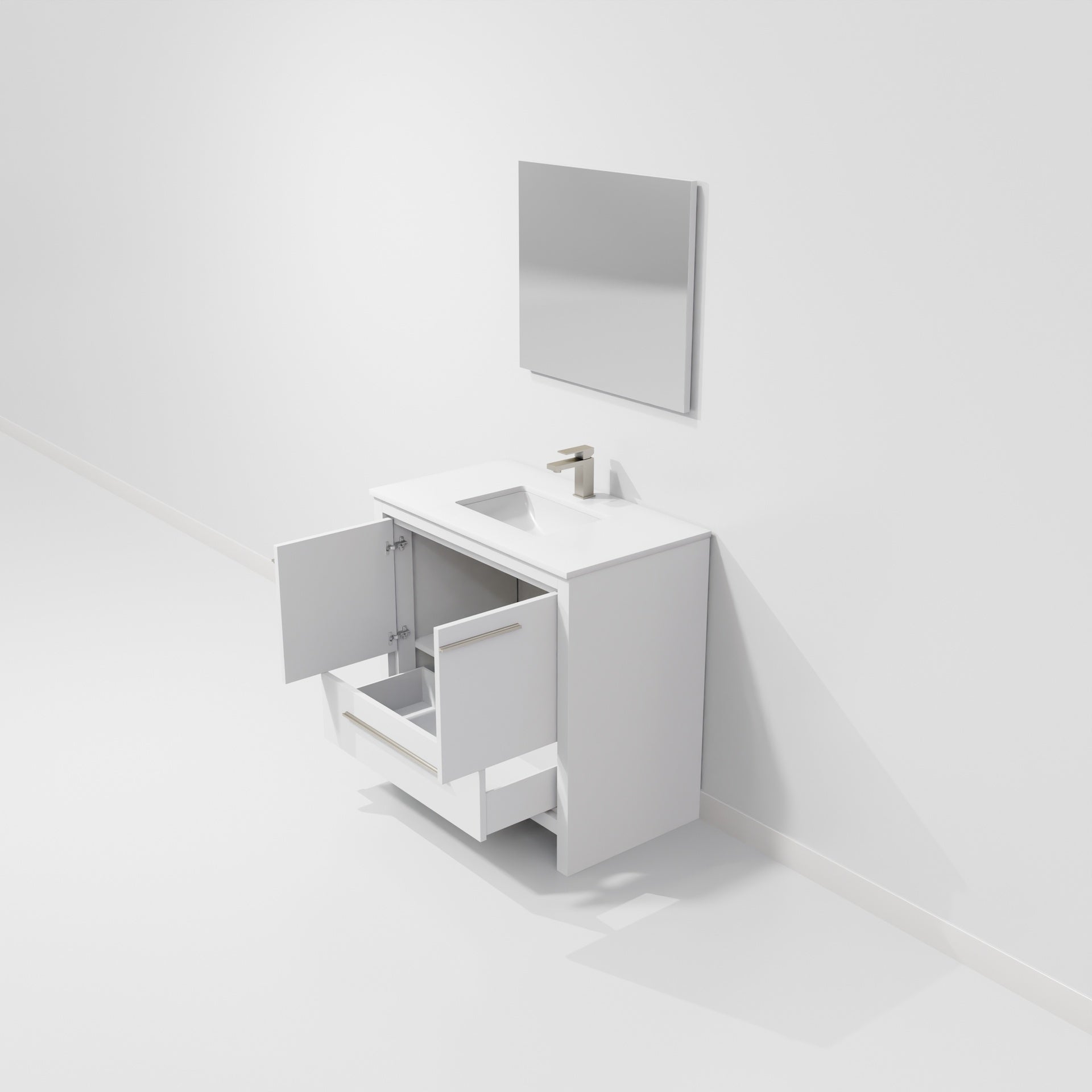 White Single Bath Vanity 36 in. W x 20 in. D, Cultured Marble Top, Gun Metal Faucet Set and 28 in. Mirror