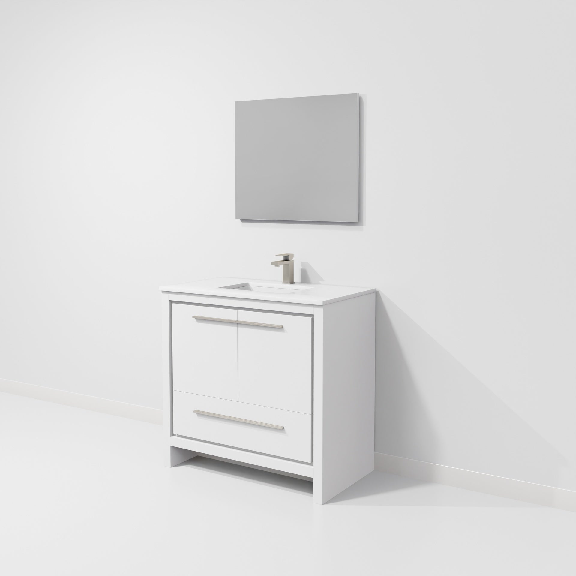 White Single Bath Vanity 36 in. W x 20 in. D, Cultured Marble Top, Gun Metal Faucet Set and 28 in. Mirror