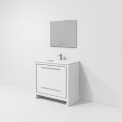 White Single Bath Vanity 36 in. W x 20 in. D, Cultured Marble Top, Gun Metal Faucet Set and 28 in. Mirror