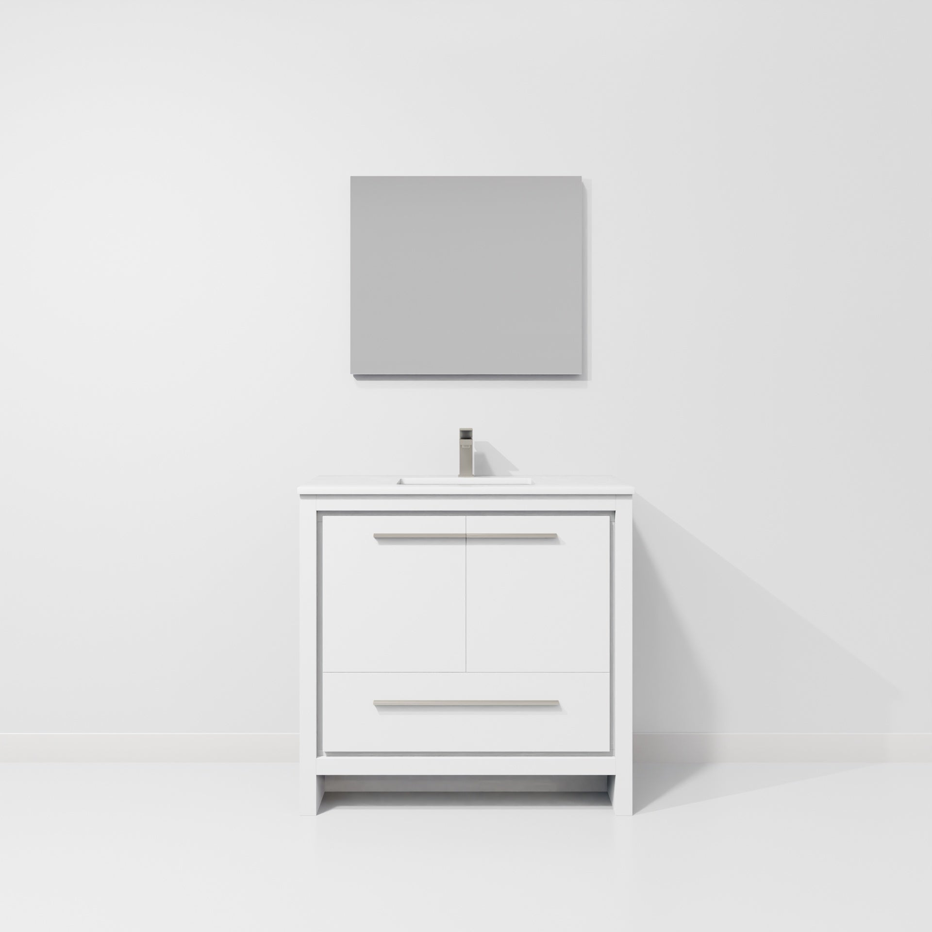 White Single Bath Vanity 36 in. W x 20 in. D, Cultured Marble Top, Gun Metal Faucet Set and 28 in. Mirror