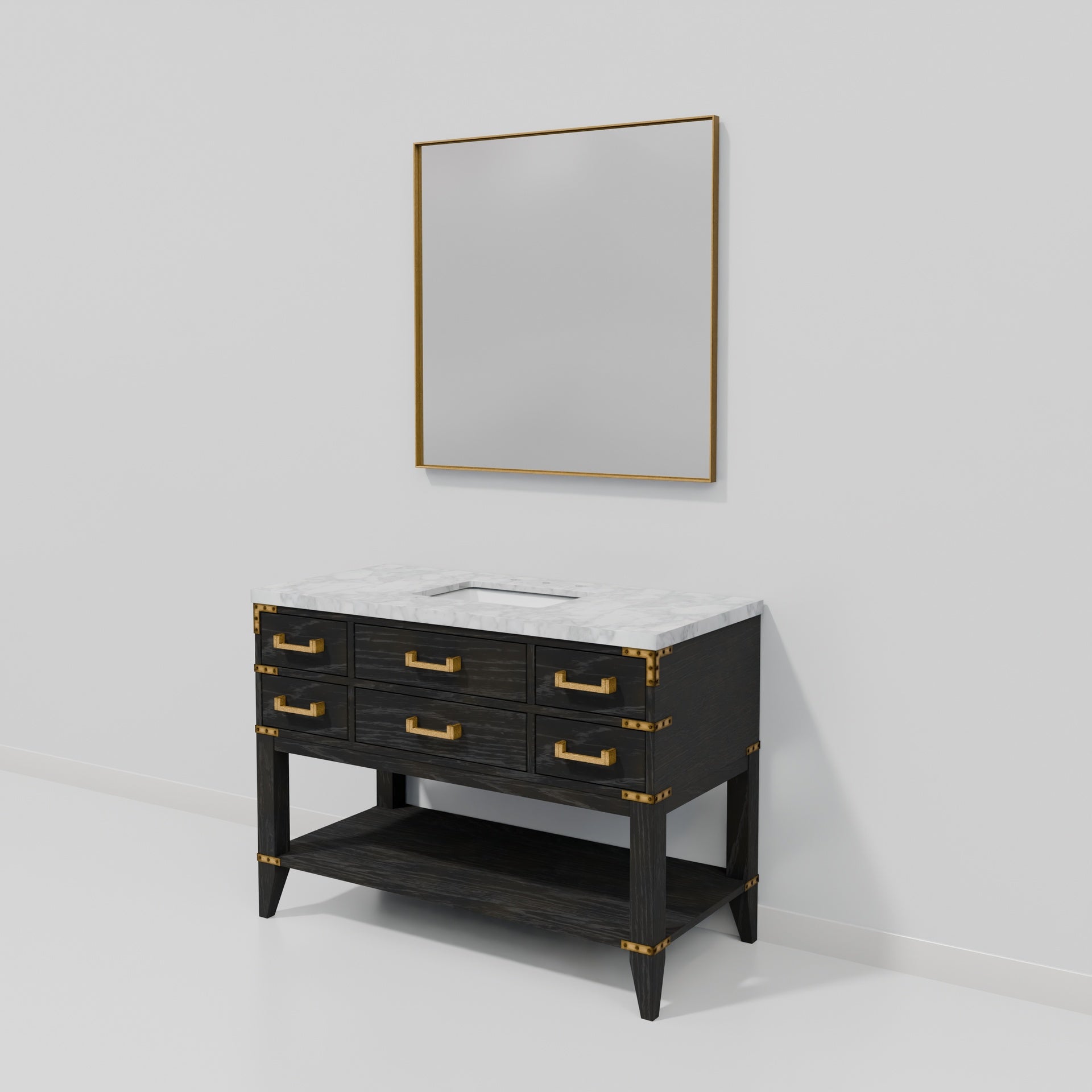 Black Oak Single Bath Vanity 48 in. W x 22 in. D, Carrara Marble Top, and 46 in. Mirror