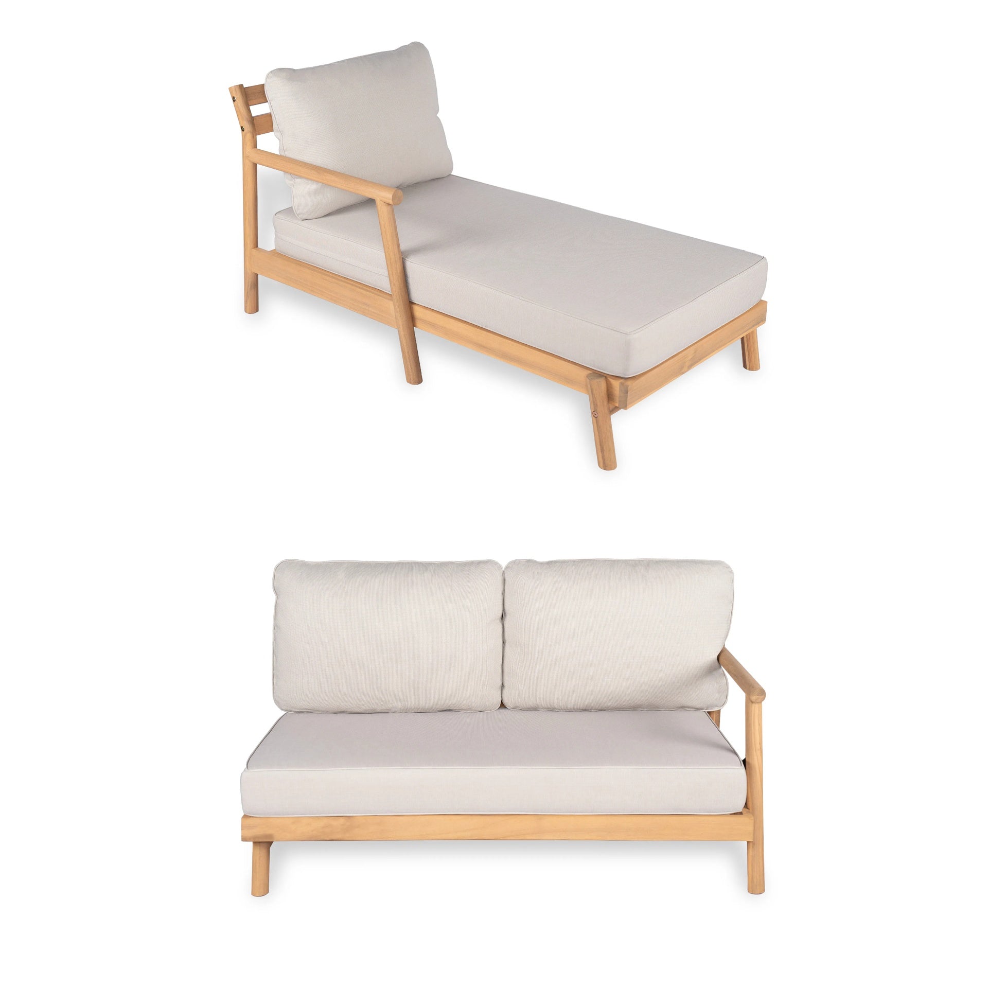 Patio Acacia Wood Sofa-and-Chaise sectional L-shape, Loveseat + Lounge with Water-resistant Cushion, Teak + Beige