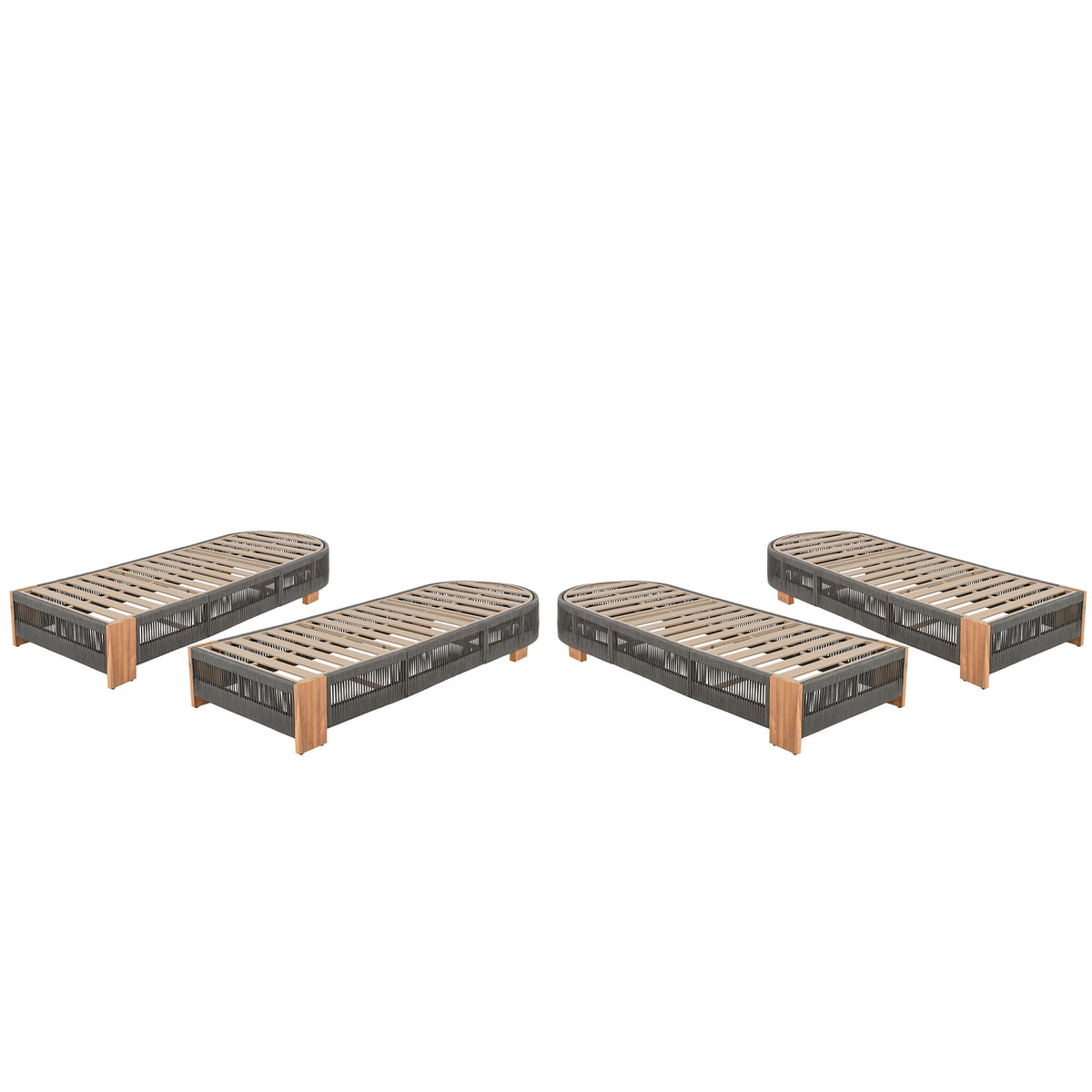 Outdoor  Acacia Wood Patio Adjustable Lounge Chair Set of 4- Uncushioned for Backyard Pool Garden-Grey rope & Natural iron