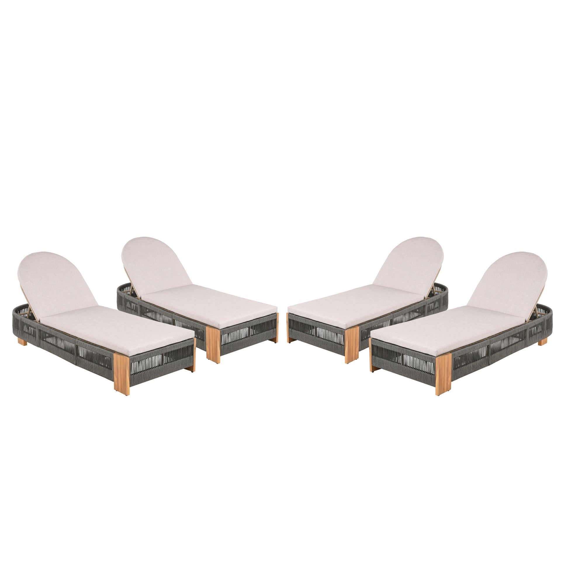 Outdoor  Acacia Wood Patio Adjustable Lounge Chair Set of 4- Uncushioned for Backyard Pool Garden-Grey rope & Natural iron