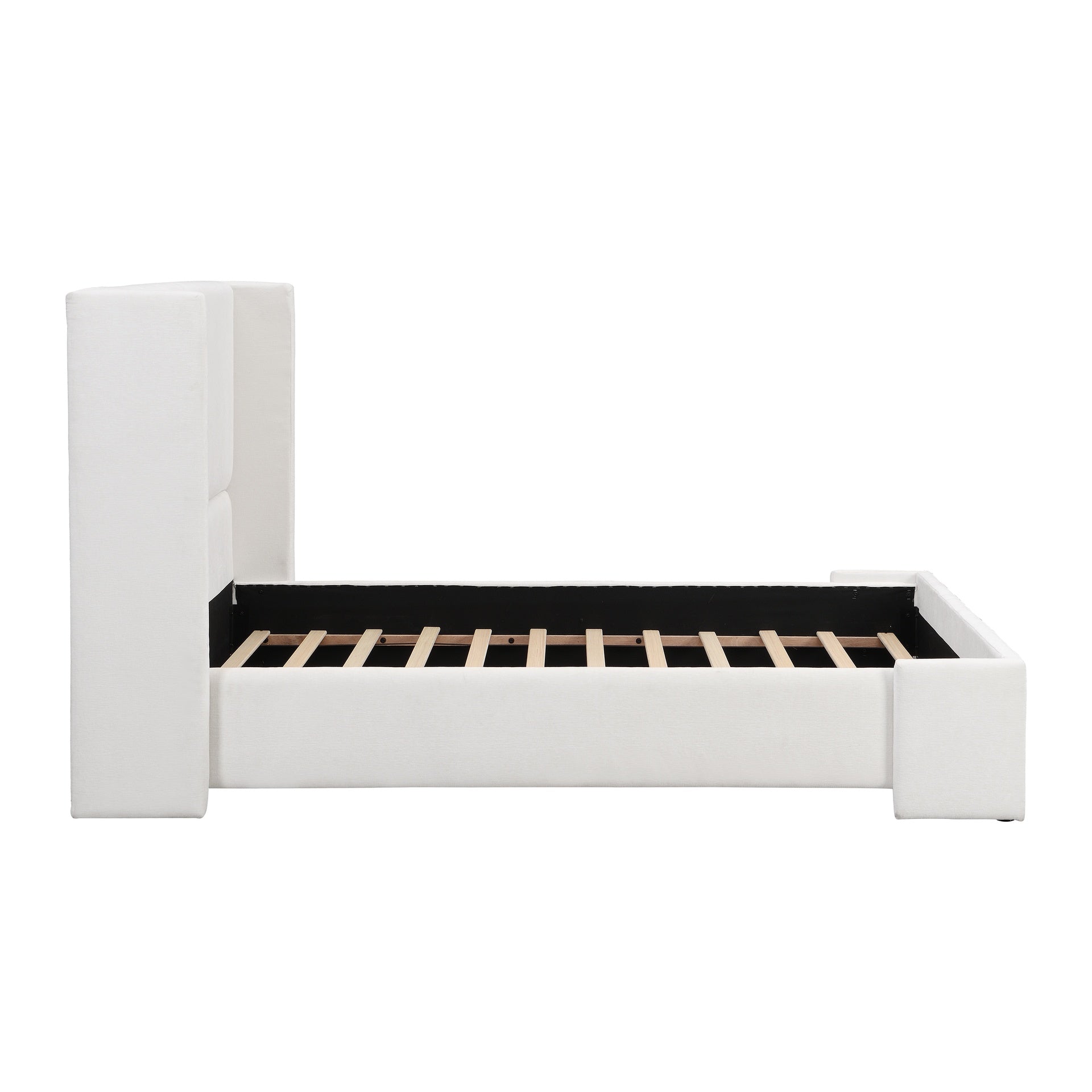 Elegant White Fabric Upholstered Bed with Tall Headboard, White, Queen