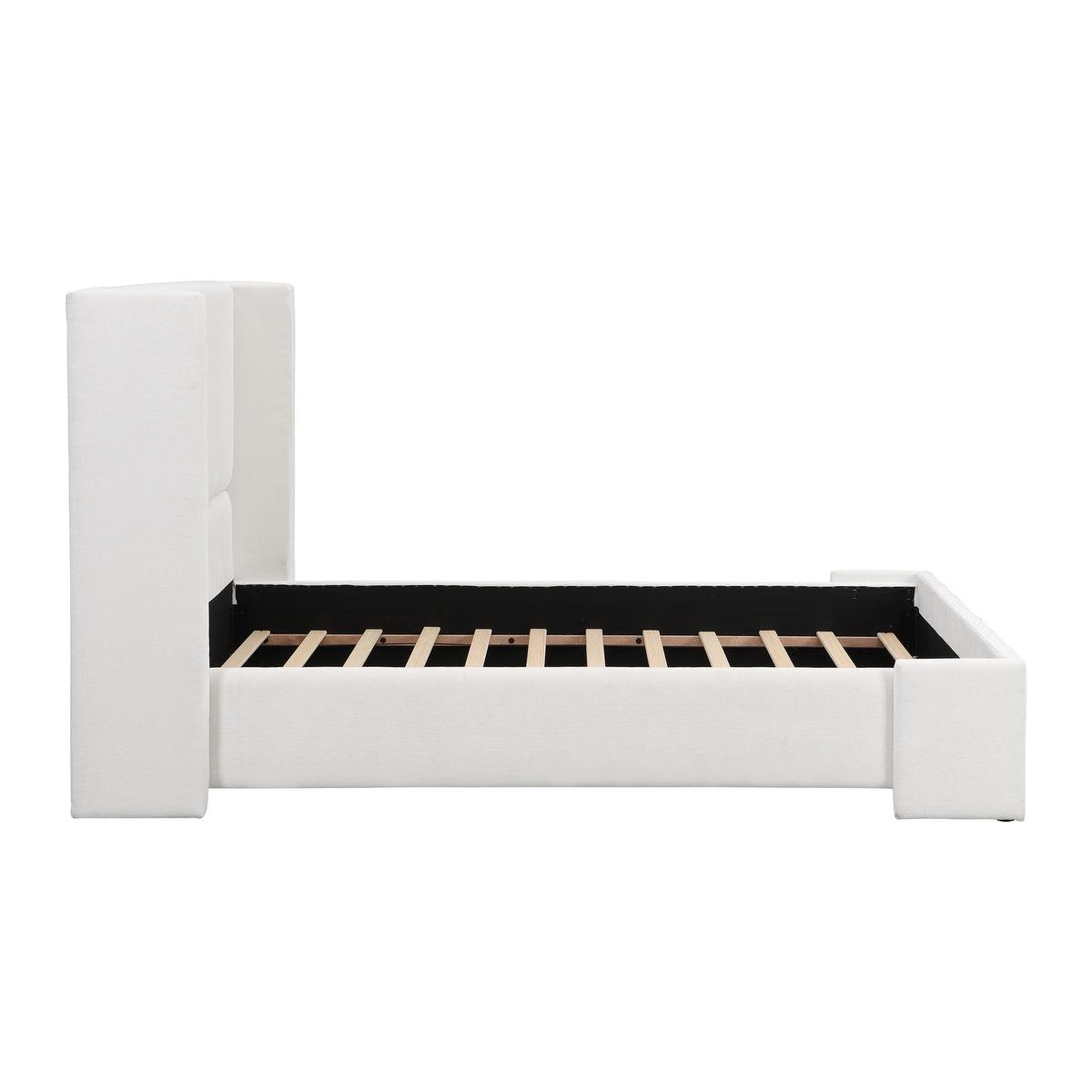 Elegant White Fabric Upholstered Bed with Tall Headboard, White, Queen