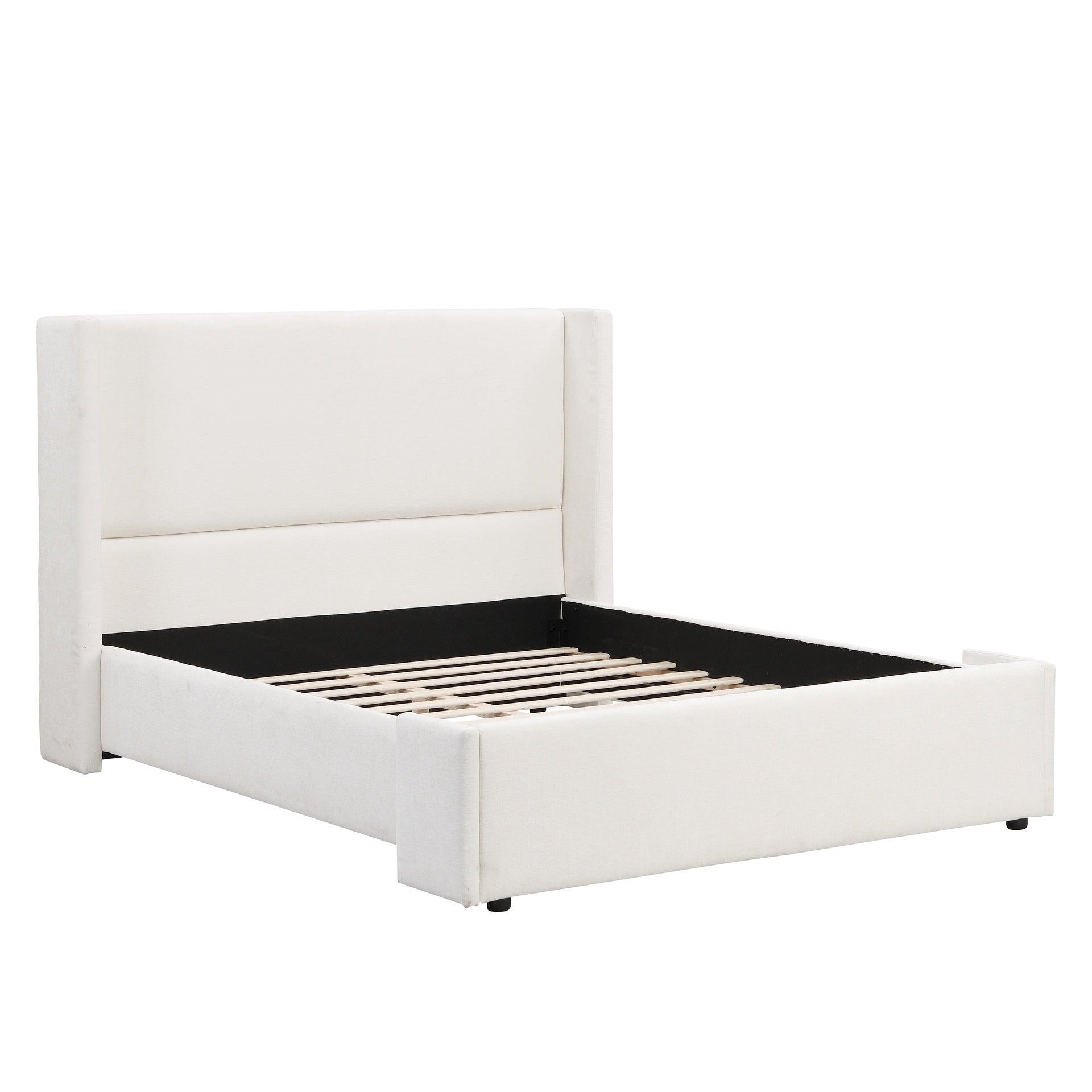 Elegant White Fabric Upholstered Bed with Tall Headboard, White, Queen