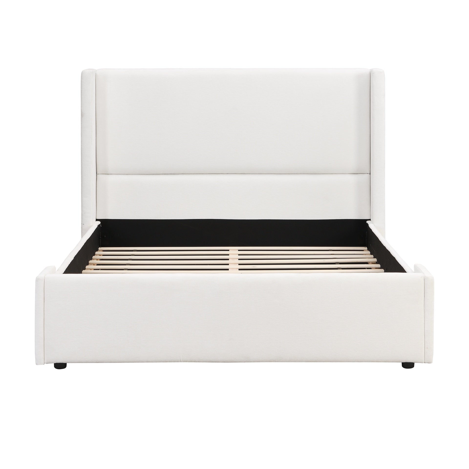 Elegant White Fabric Upholstered Bed with Tall Headboard, White, Queen