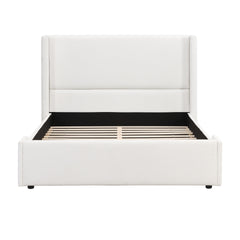 Elegant White Fabric Upholstered Bed with Tall Headboard, White, Queen
