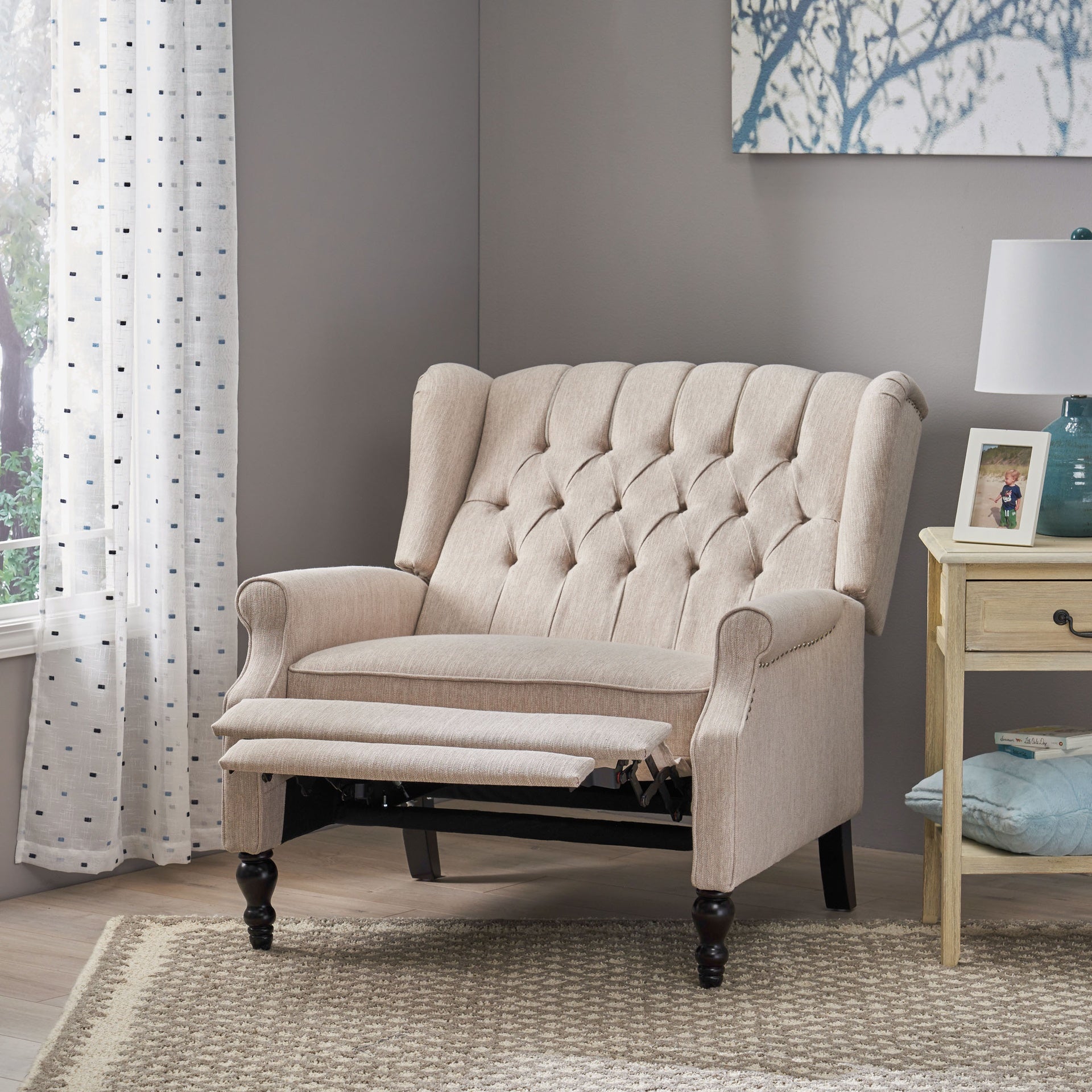Push Back Recliner Chair Fabric Lounge Armchair Pushback Recliner with Rivet Decoration Wingback Single Sofa Chair with Padded Seat for Living Room, Bedroom 33.25D x 37.75W x 42.5H in