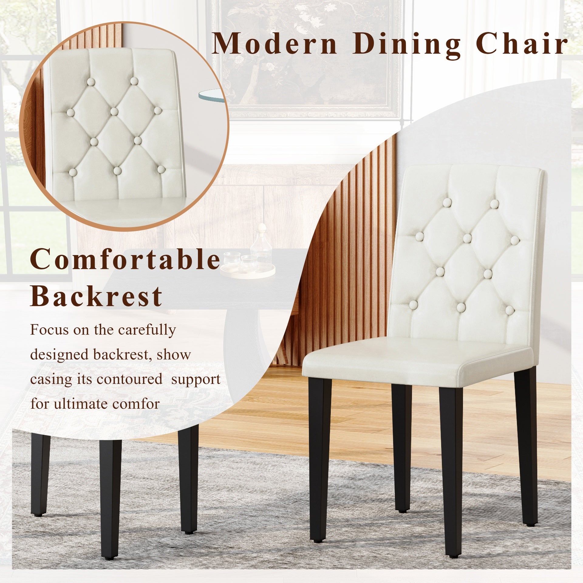 Black Wood Grain Dining Table Set for 4 people, 63" Modern MDF Dining Room Table Set .Paired with 6 White PU chairs with decorative buckle design on the backrest.For Apartment,Dining Room,Kitchen,etc.
