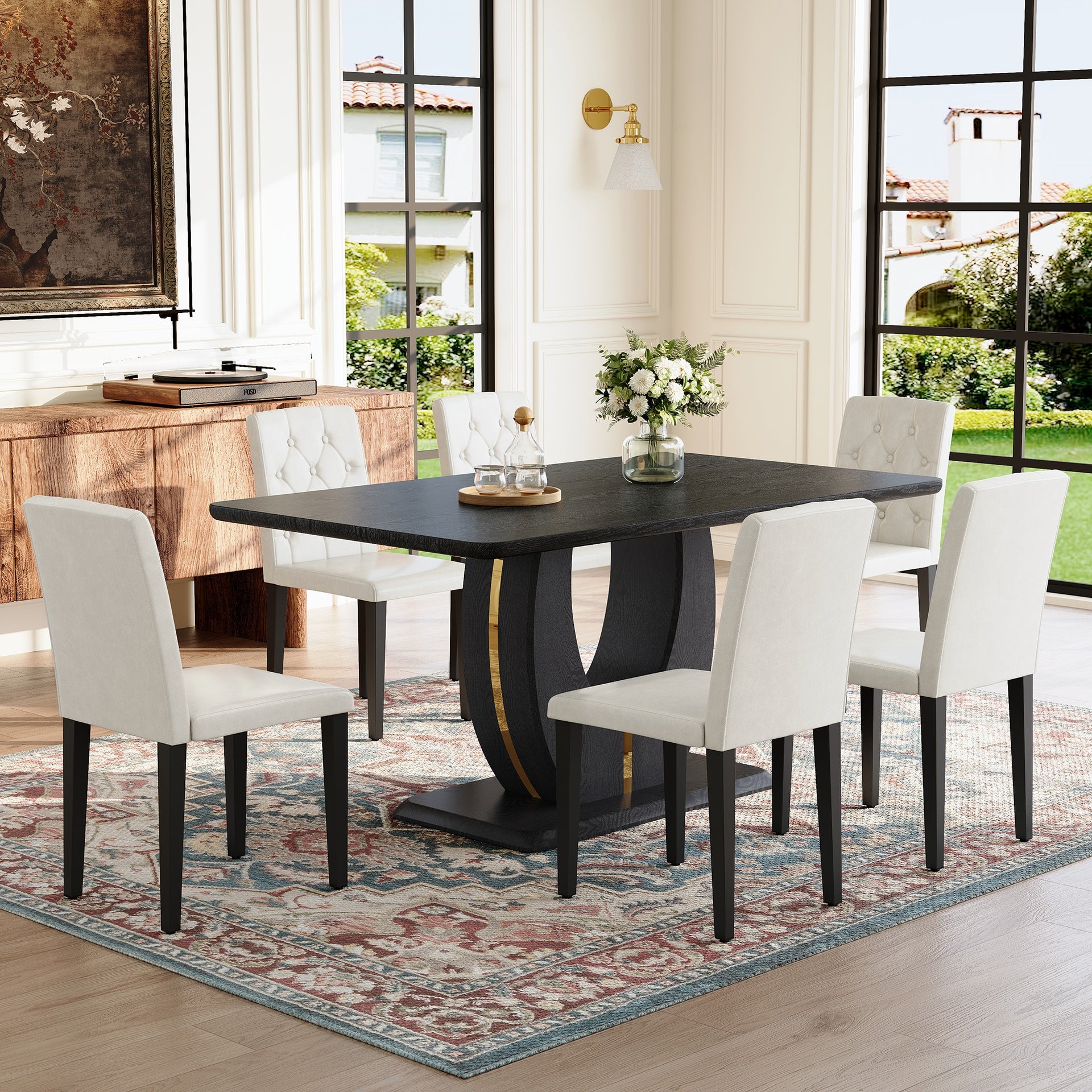 Black Wood Grain Dining Table Set for 4 people, 63" Modern MDF Dining Room Table Set .Paired with 6 White PU chairs with decorative buckle design on the backrest.For Apartment,Dining Room,Kitchen,etc.