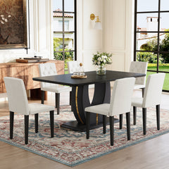 Black Wood Grain Dining Table Set for 4 people, 63" Modern MDF Dining Room Table Set .Paired with 6 White PU chairs with decorative buckle design on the backrest.For Apartment,Dining Room,Kitchen,etc.