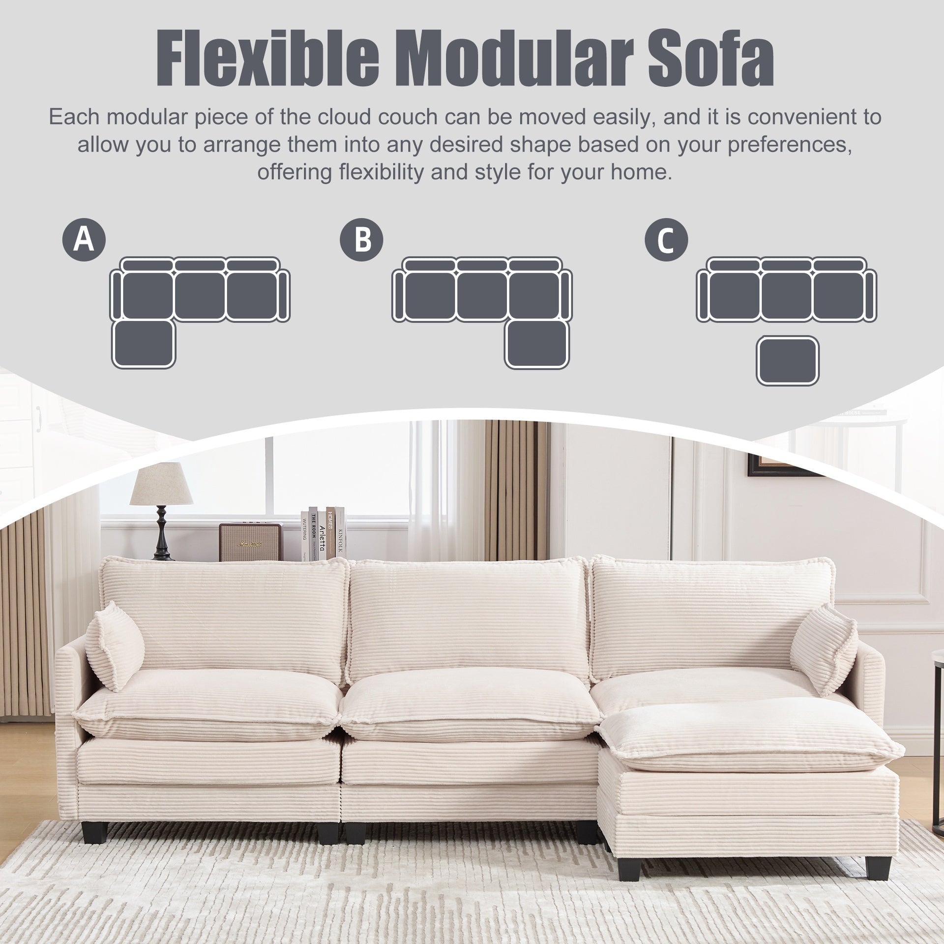UNITED WE WIN  Oversized Modular Sectional Sofa with Movable Ottoman, 102 Inch 4 Seat Modern Corduroy Sofa Set, Convertible L Shaped Couch for Living Room and Office