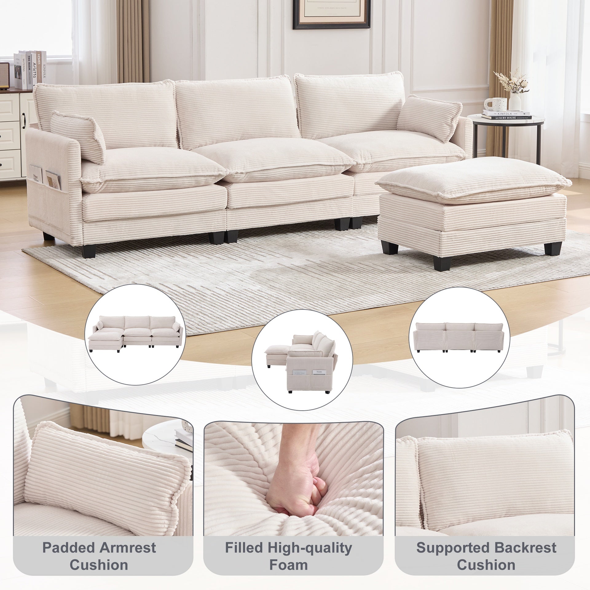 UNITED WE WIN  Oversized Modular Sectional Sofa with Movable Ottoman, 102 Inch 4 Seat Modern Corduroy Sofa Set, Convertible L Shaped Couch for Living Room and Office